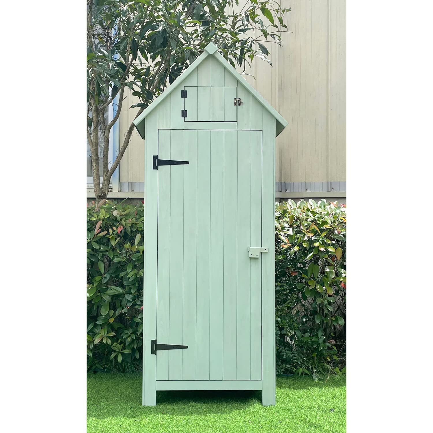 Hanover 8.7 cu. ft. Outdoor Storage Shed with Shelves & Lock - Vertical Wooden Garden Shed for Tools, Equipment & Supplies - Waterproof Fir Wood Shed in Mint Green - Perfect for Backyard, Patio & Garage Organization