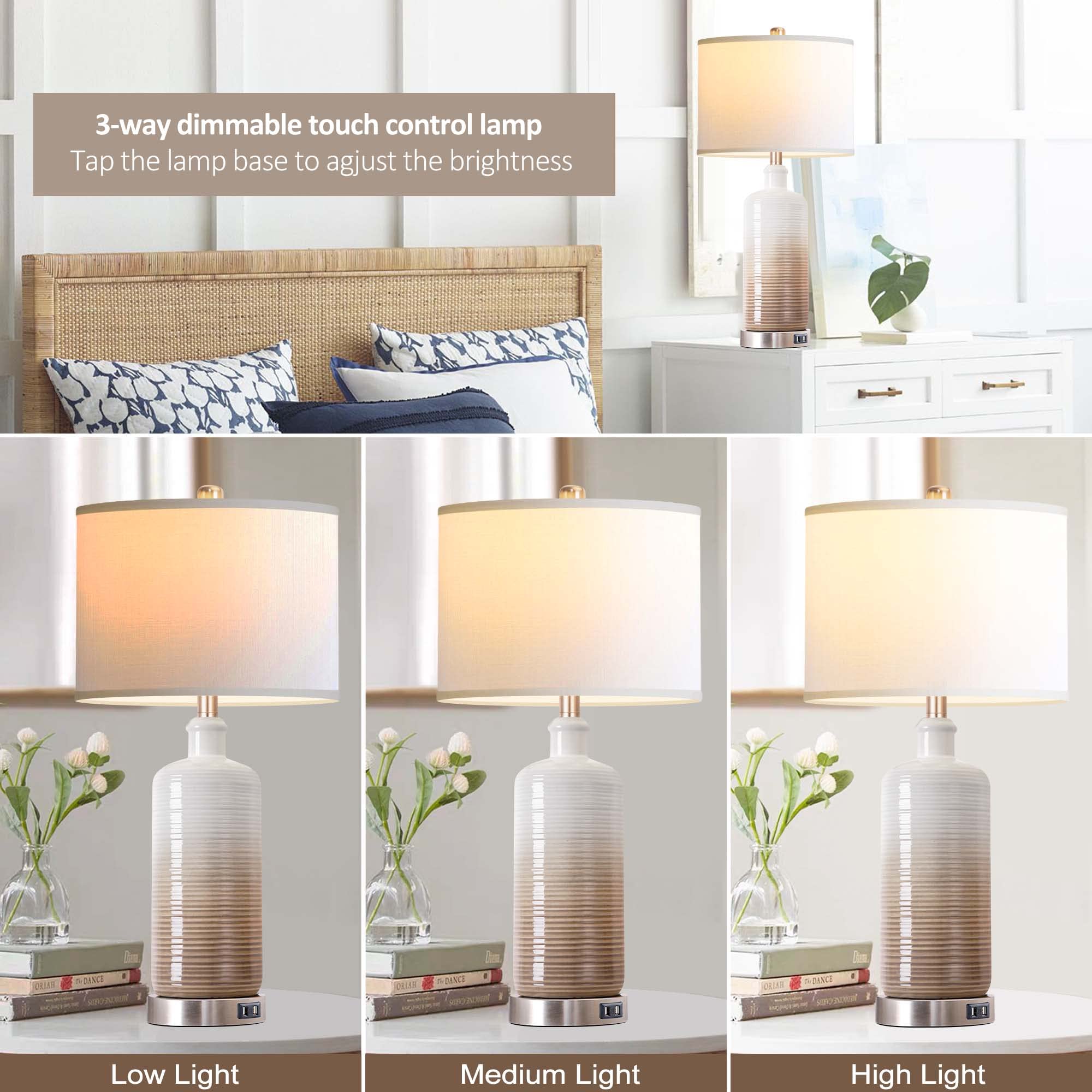 Modern Ceramic Table Lamps Set of 2 with Dual USB Charging Ports - 3-Way Dimmable Touch Control Bedside Nightstand Lamps for Bedroom & Living Room - White Linen Drum Shade with Included LED Bulbs - Perfect for Reading, Relaxing & Charging Devices