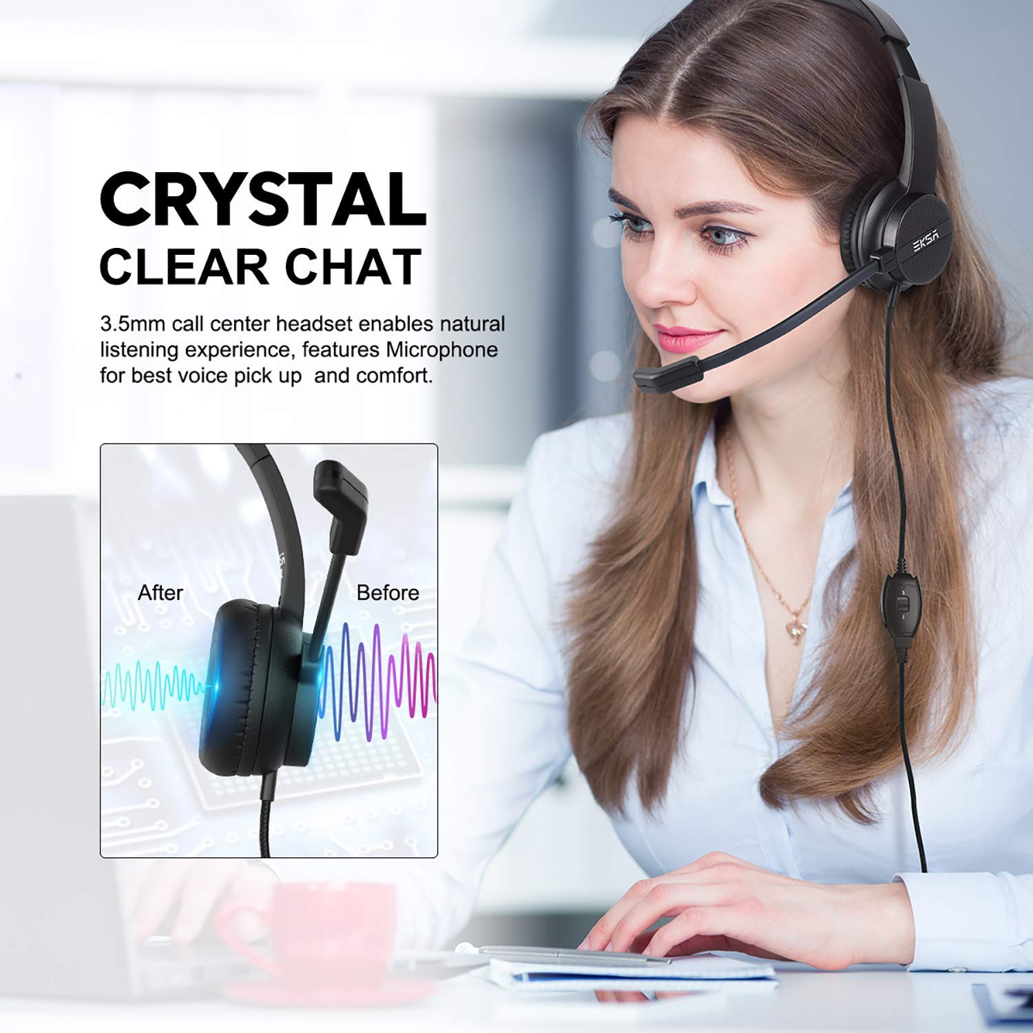 EKSA Wired Gaming Headset with Microphone for PC & Laptop - 3.5mm Noise Cancelling Headphones with Volume Control & Mic Mute - Lightweight Comfort for All-Day Office Work, Call Center, Skype Calls, Online Meetings & Remote Learning