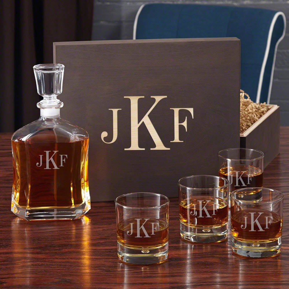 Personalized Classic Monogram Decanter Set with Wooden Gift Box - Elegant Whiskey & Liquor Pouring Accessories for Home Bar, Wedding Gifts & Anniversary Presents