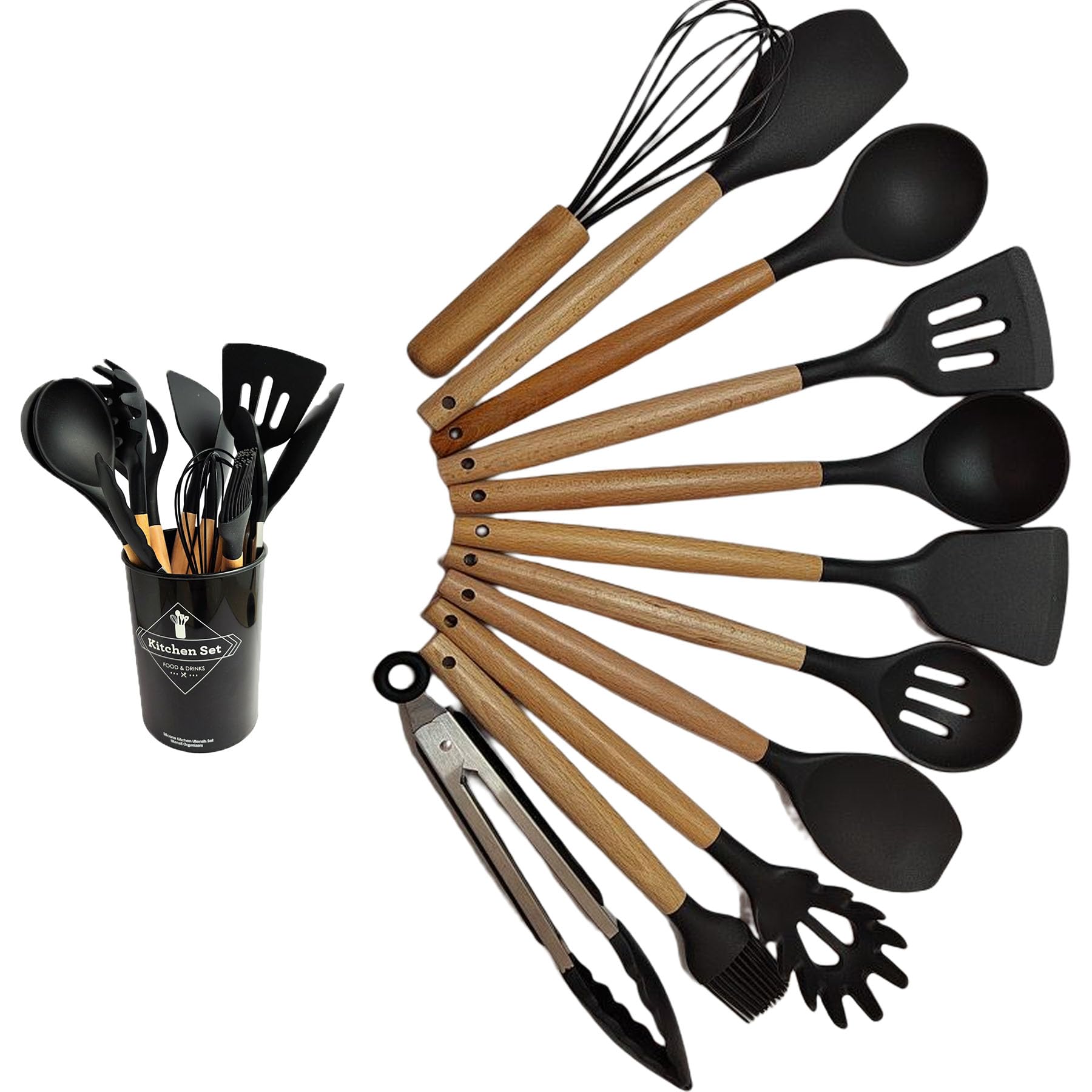 Heat Resistant Silicone Kitchen Utensils Set - 12 Piece Nonstick Cooking Tools with Spatula for Baking, Frying & Sauteing - Black Cookware Essentials for Home Chefs