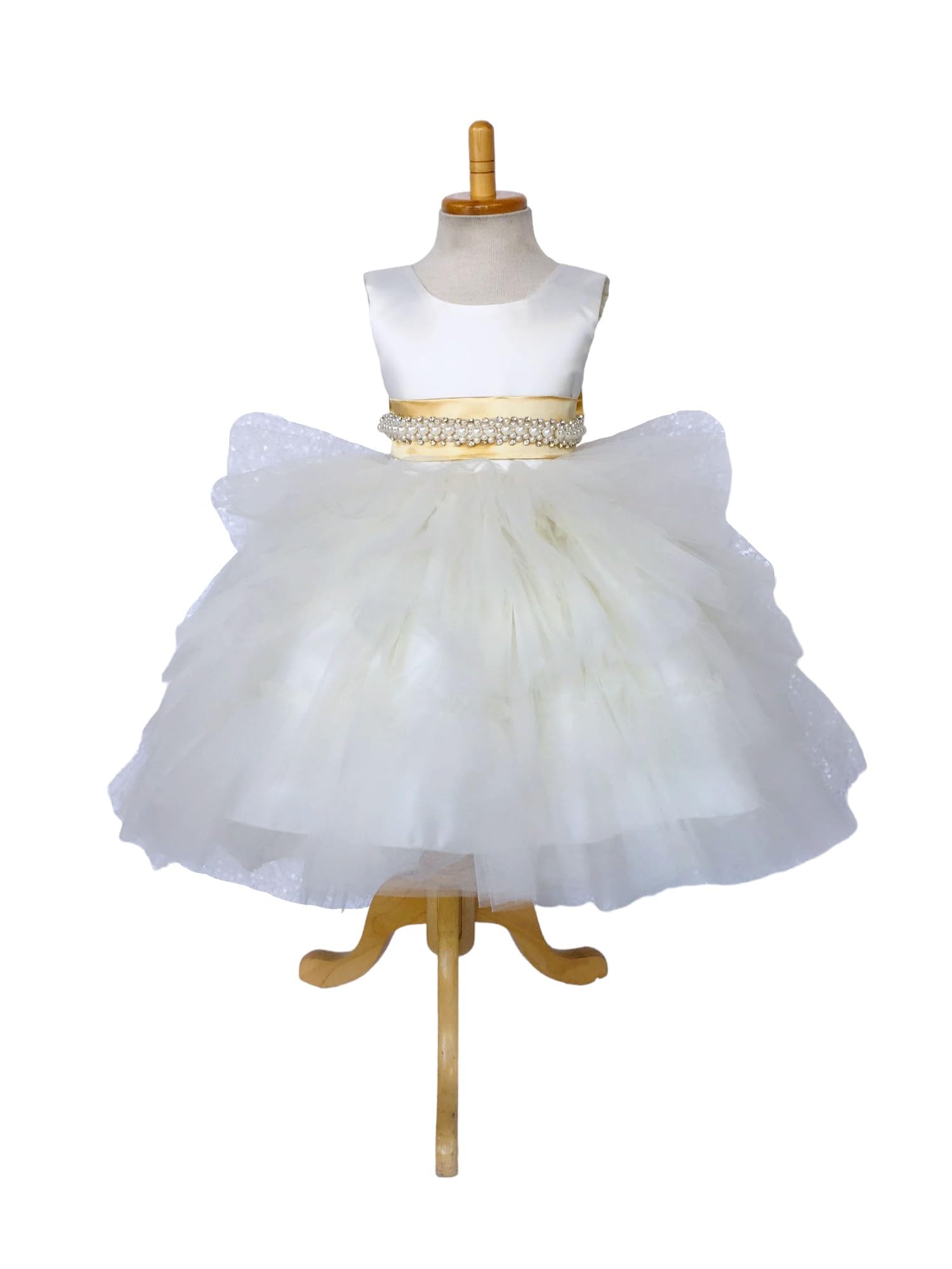 Ivory Sleeveless High-Low Tulle Flower Girl Dress with Ruffle & Gold Accessories - Perfect for Weddings, Birthday Parties & Special Occasions (Size 14)
