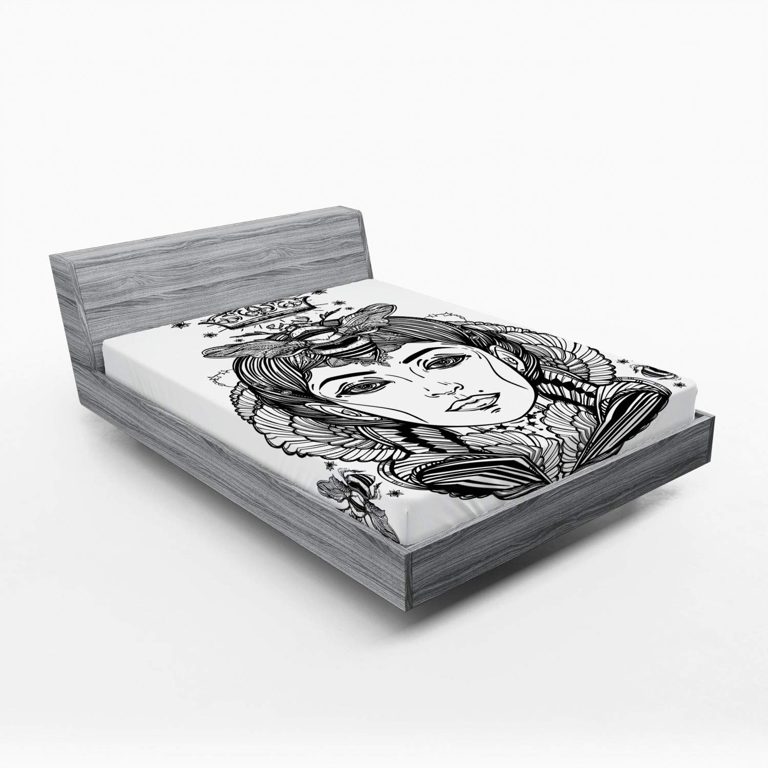 Ambesonne Queen Fitted Sheet - Queen Bee Portrait Fantasy Folklore Art Bedding, Deep Pocket Elastic Queen Size Sheet in Dark Brown & White | Perfect for Guest Rooms, Dorm Decor & Bohemian Bedroom Themes