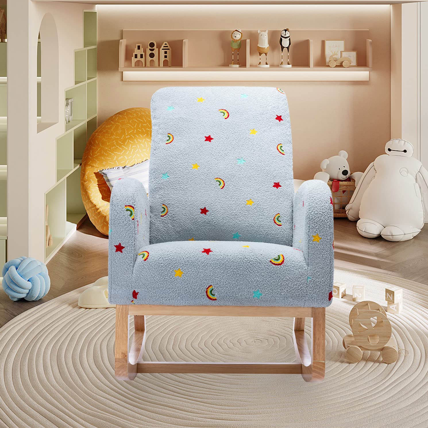 Modern Upholstered Nursery Rocking Chair - Comfortable High Back Wooden Glider Rocker for Adults & Kids - Perfect for Nursery, Bedroom, Living Room & Relaxation