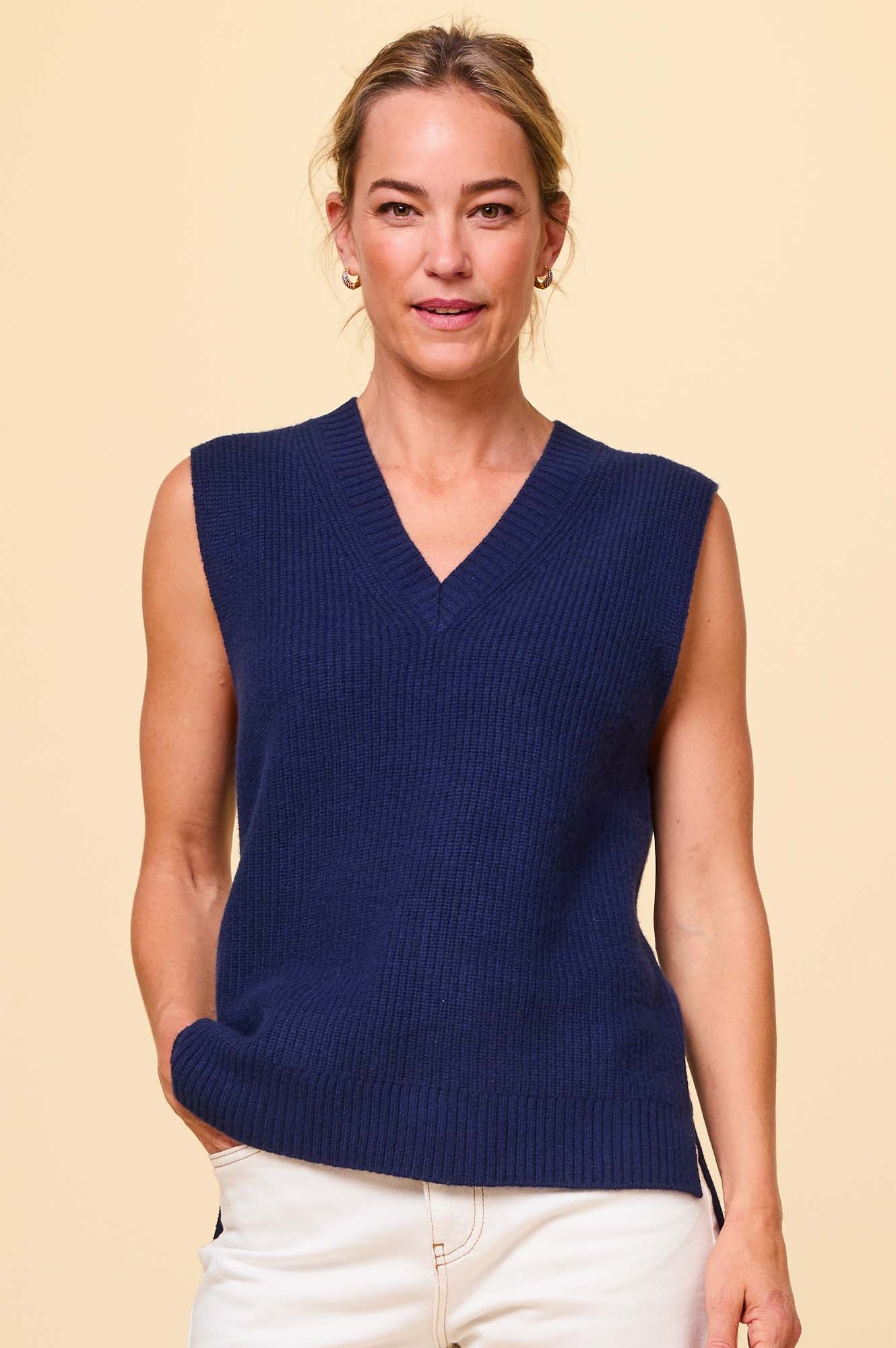 Merino Wool Ribbed V Neck Tank Top for Women - Soft & Breathable Navy Blue Sleeveless Shirt - Perfect for Layering, Workouts & Casual Wear