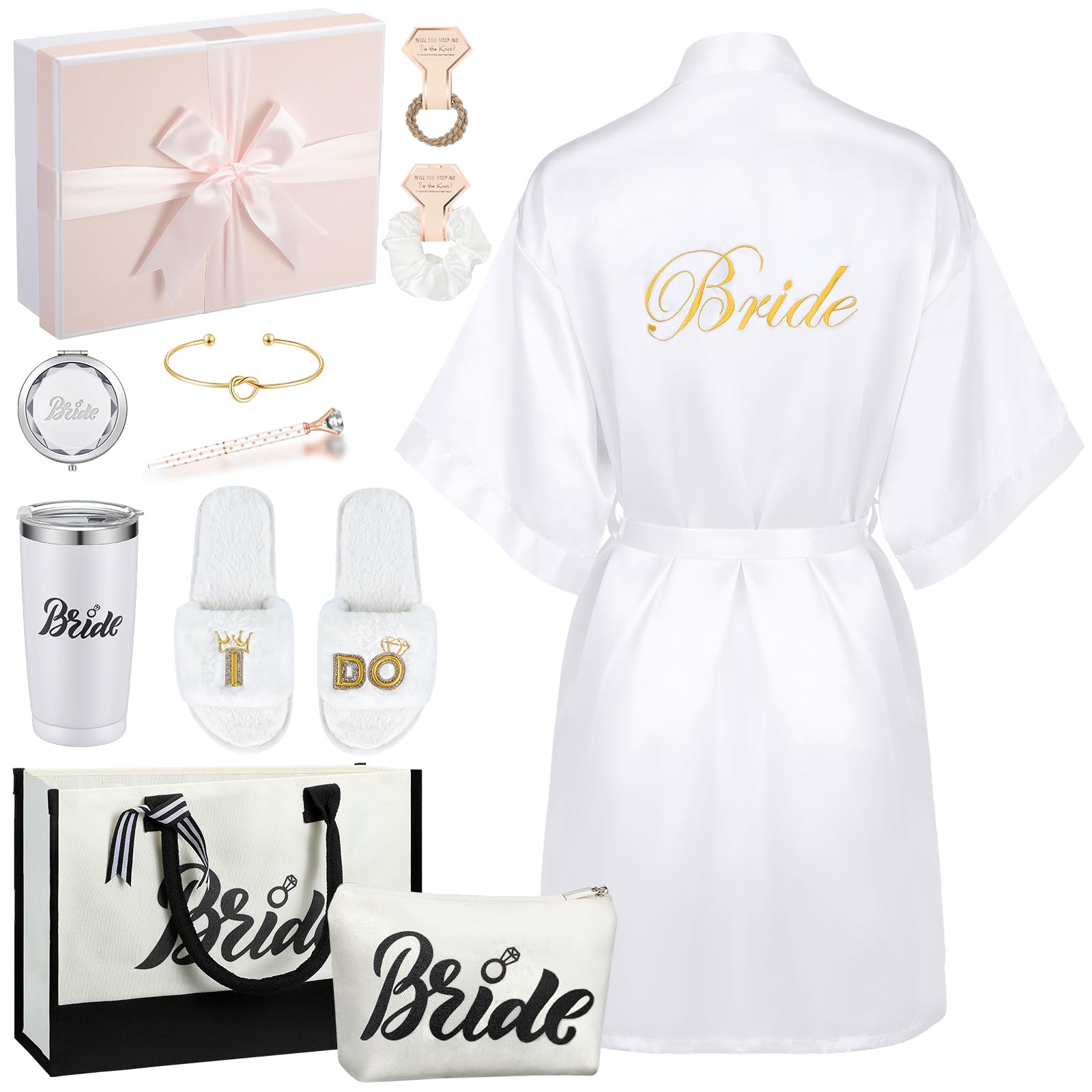 Berlune 14-Piece Bride Gift Box Set - Satin Robe, Canvas Tote Bag, Stainless Steel Glasses & Slippers - Perfect Wedding Party Favors & Bridal Shower Gifts for Bachelorette Parties