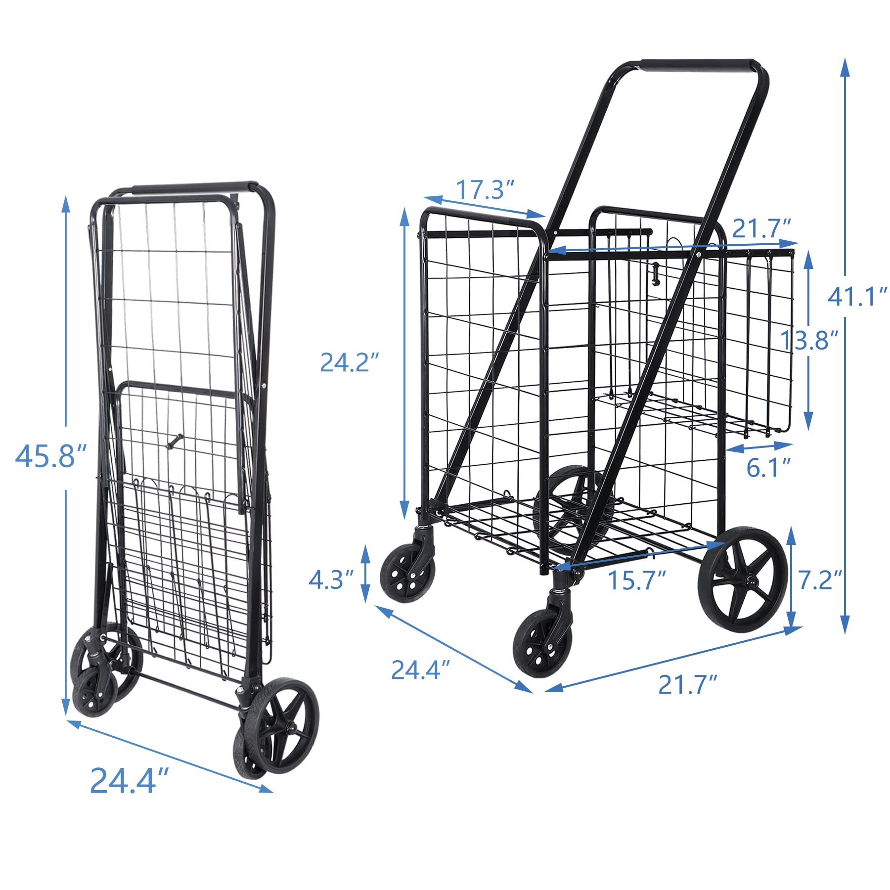 Foldable Shopping Cart with Wheels - Double Basket for Groceries & Travel