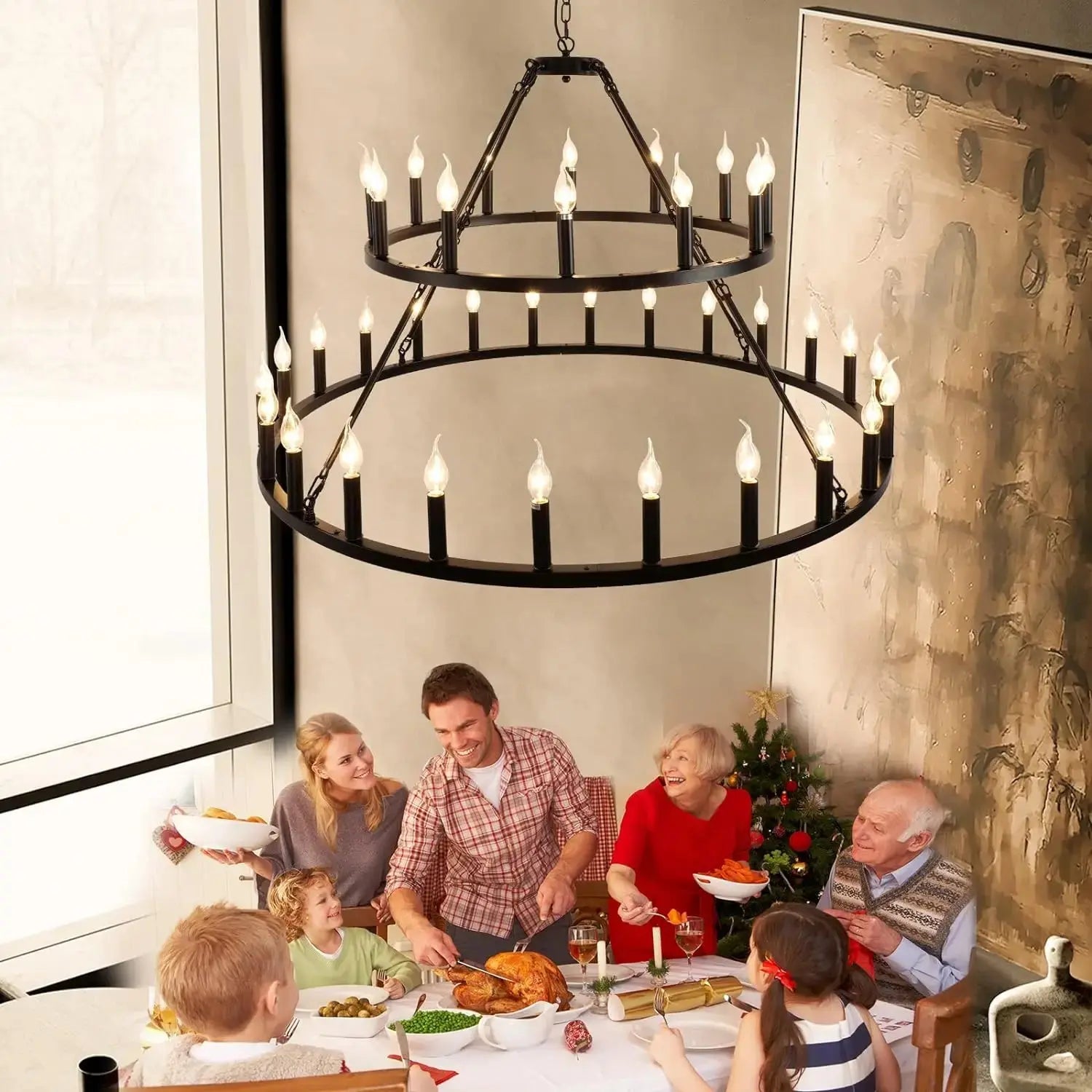 Rustic 48 Inch 2-Tier Wagon Wheel Chandelier - Farmhouse Lighting Fixture for Dining Room, Living Room & Cabin Decor