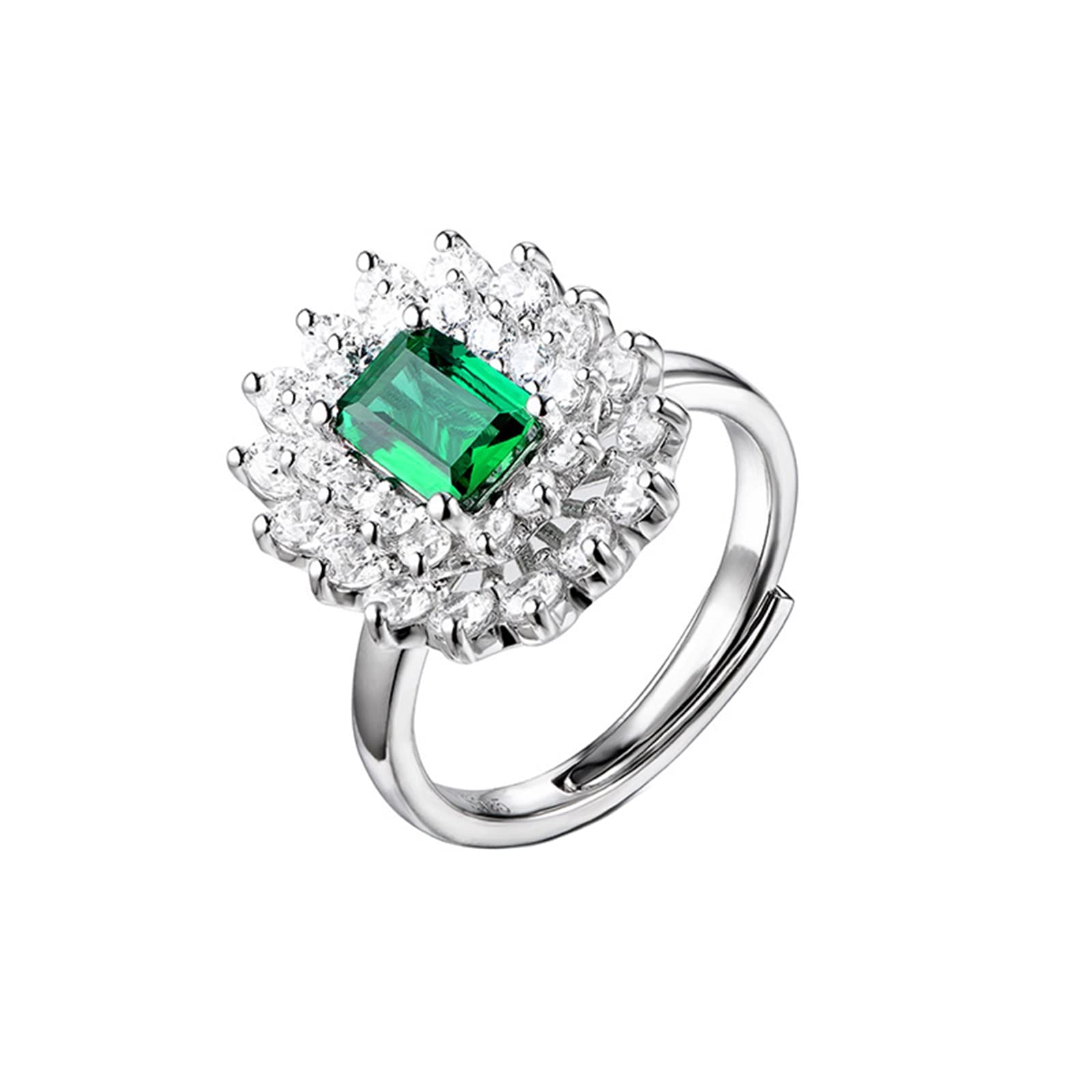Gualiy Adjustable Sterling Silver Wedding Band for Women - Sunflower Ring with Created Emerald, Size 8 - Perfect for Engagement, Anniversary & Everyday Elegant Jewelry