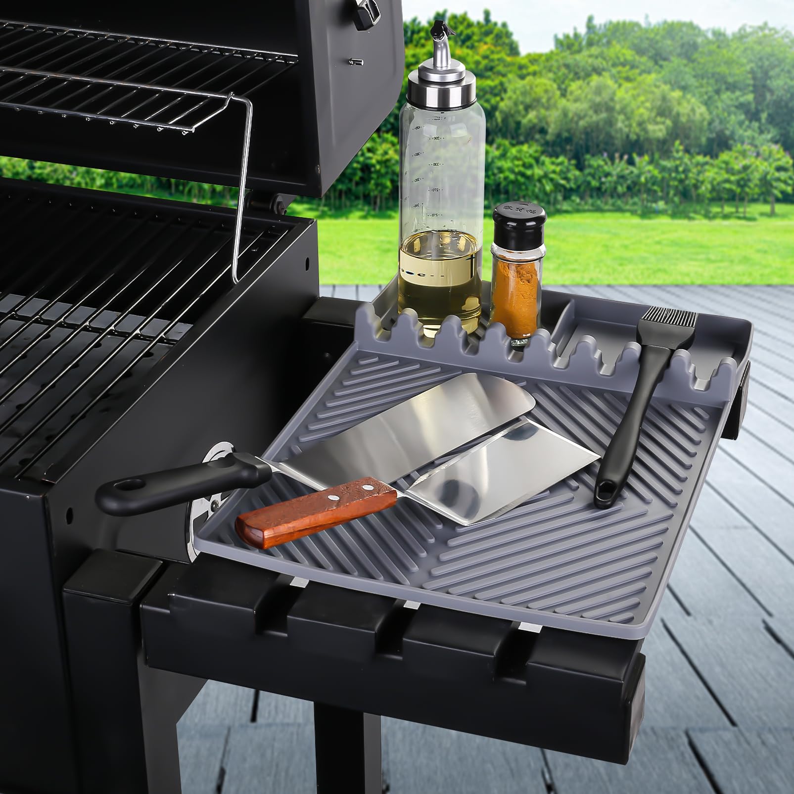 **RUYE Silicone Grill Mat for Blackstone - Large Non-Slip BBQ Side Shelf Mat with Drip Pad, Heat-Resistant Utensil Holder for Outdoor Cooking, Grilling & Kitchen Counter Use**