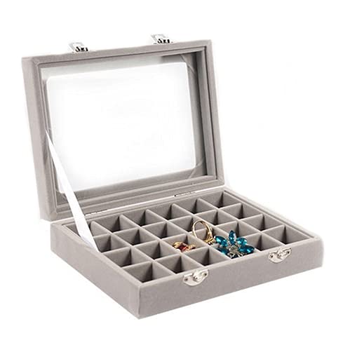 24 Grid Velvet Jewelry Organizer Box - Black Rose Red for Rings, Earrings, Necklaces & Makeup | Women's Jewelry Storage & Display Case (Gray) | Perfect for Bedroom Dresser, Vanity Table & Travel Jewelry Organization