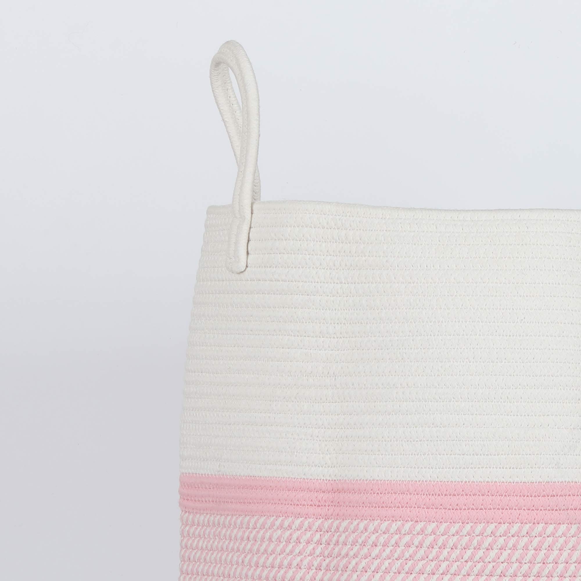 Large Woven Laundry Basket with Handles - Tall Nursery Hamper for Baby Clothes, Blankets & Towels - Decorative Storage Basket for Kids, Living Room & Nursery Organization - Pink & White Cotton Fabric Basket (Perfect for Baby Rooms, Playrooms & Home Organization)