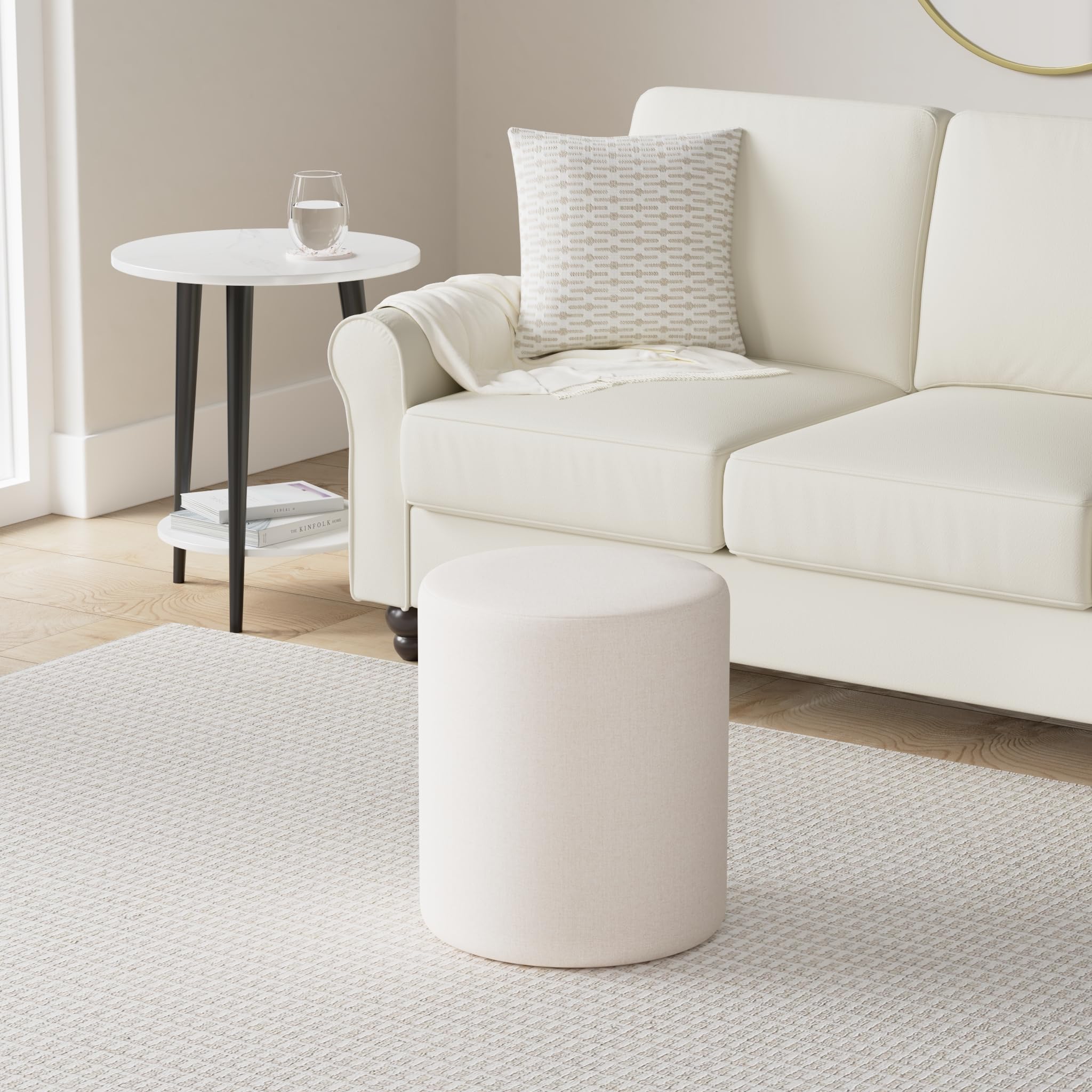 Round Pouf Ottoman Footrest - Lightweight Circular Stool for Living Room, Bedroom & Kids Room - Cream (15 x 15 x 17.5 Inches) - Perfect for Relaxing, Extra Seating & Home Decor