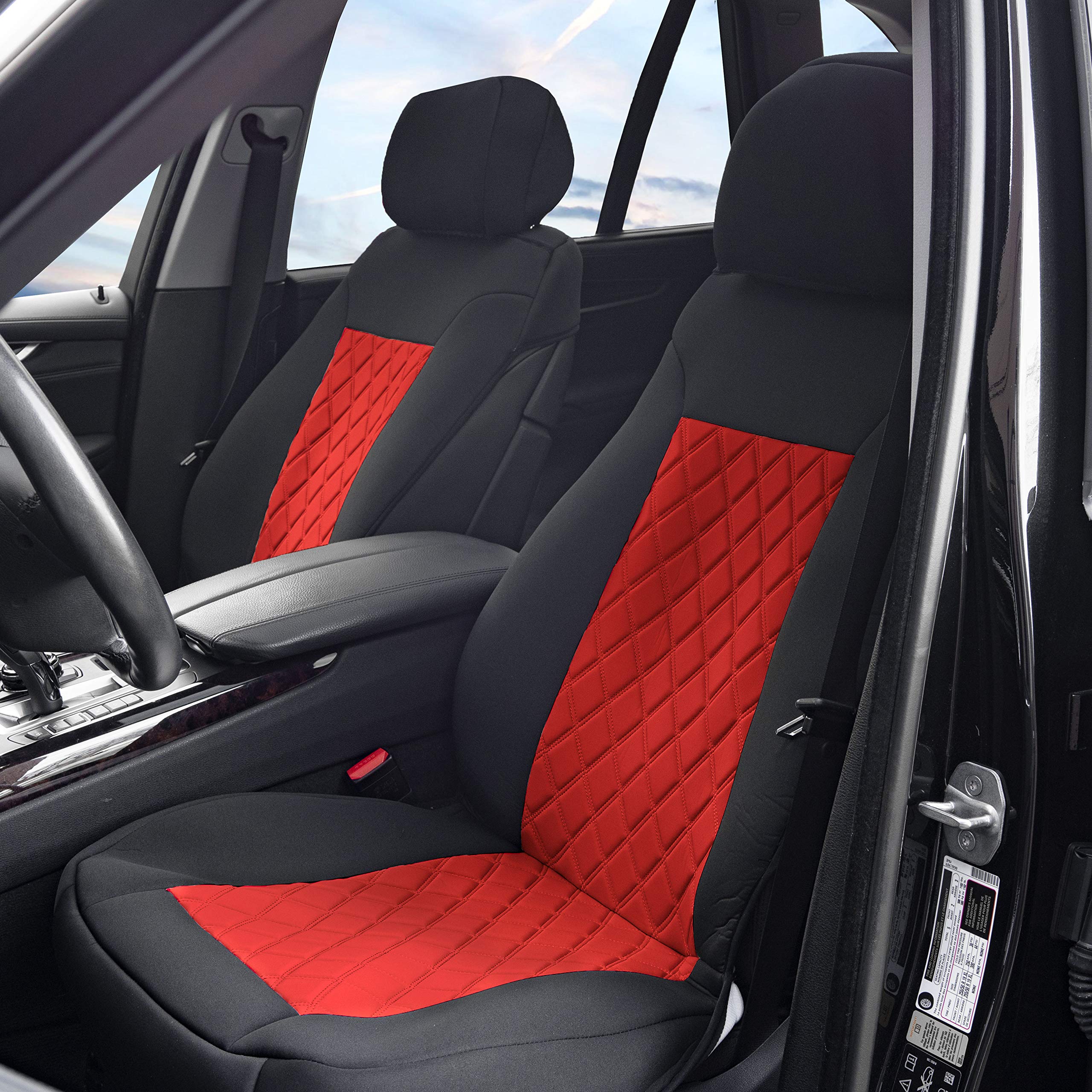 FH Group Neosupreme Waterproof Car Seat Covers - 2 Pack Universal Fit Seat Protectors for Cars, Trucks & SUVs | Red & Black Car Seat Cushions | Perfect for Road Trips, Daily Commute & Pet Protection