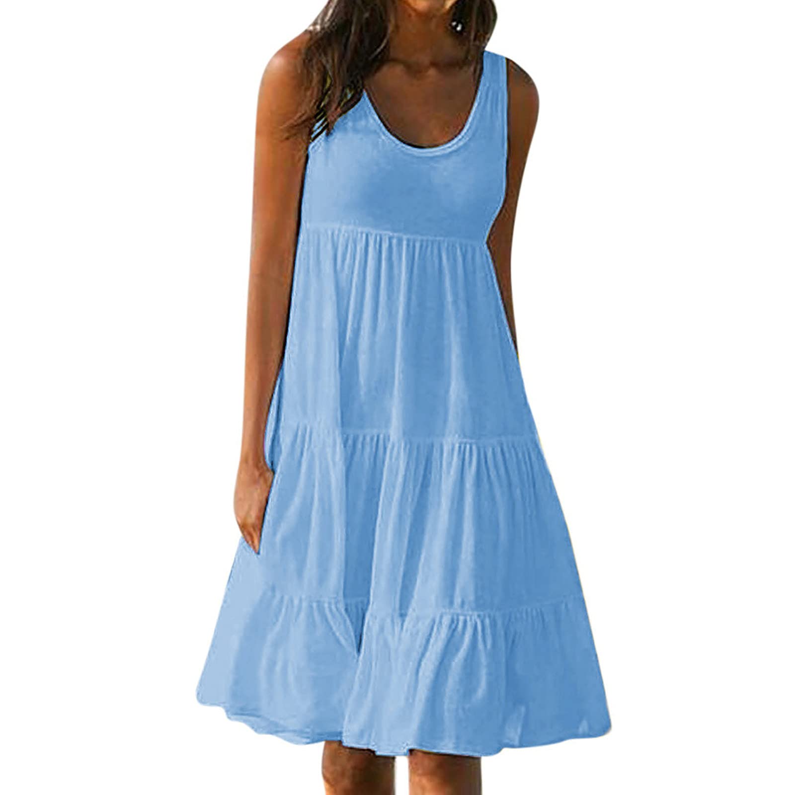 Women's Summer T-Shirt Dress - Tie Dye Ombre Sleeveless Tank Dress, Knee Length Pleated Sundress for Beach, Vacation & Casual Outings