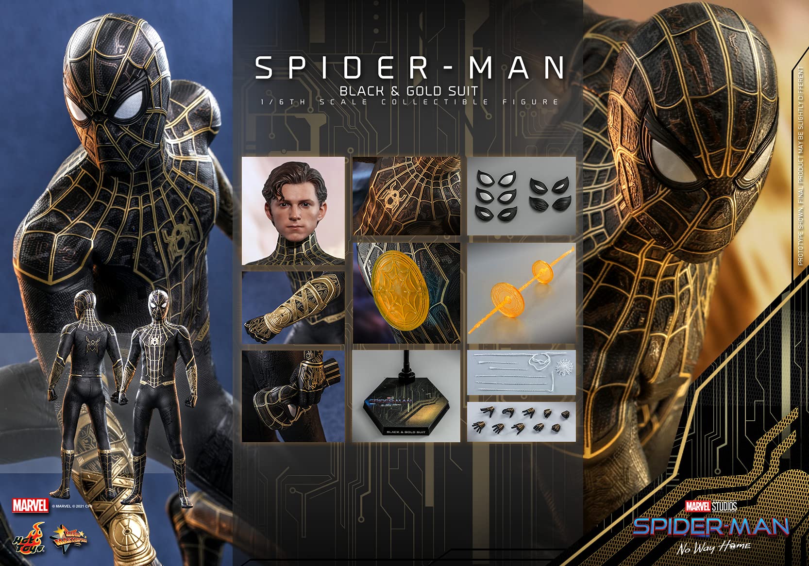 Hot Toys 1:6 Scale Spider-Man Black & Gold Suit Action Figure - Collectible Marvel Movie Toy from Spider-Man: No Way Home - Perfect for Display, Gifts, and Marvel Fans Collection