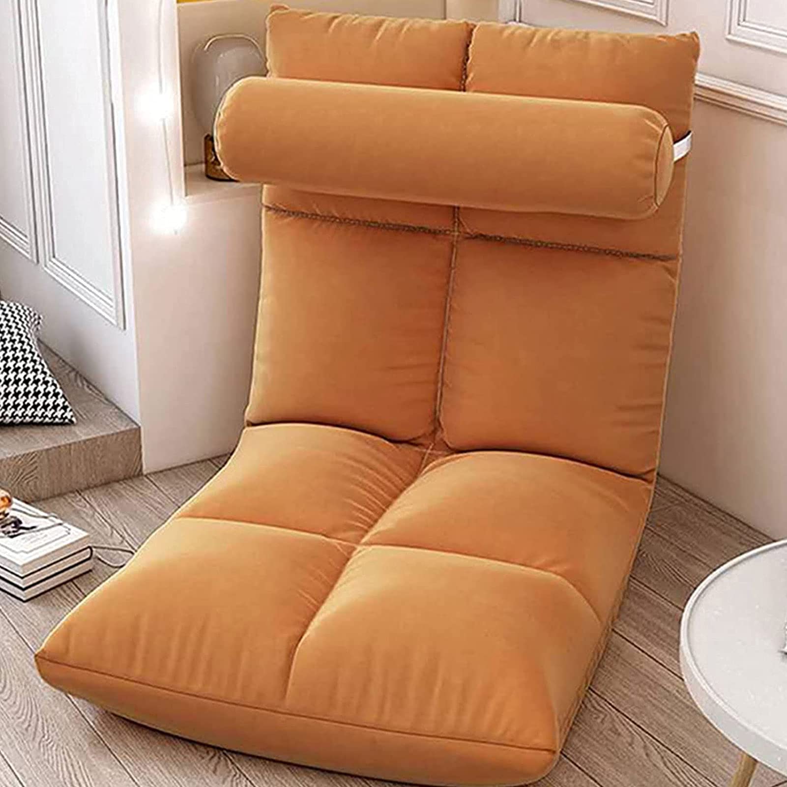 Adjustable Floor Gaming Sofa Chair - Multipurpose Reclining Cushioned Seat with Breathable Cotton & Linen Fabric for Living Room, Bedroom, Dorm - Perfect for Video Gaming, Reading, Lounging & Napping - Easy Storage & Portable Design (Tangerine Orange)
