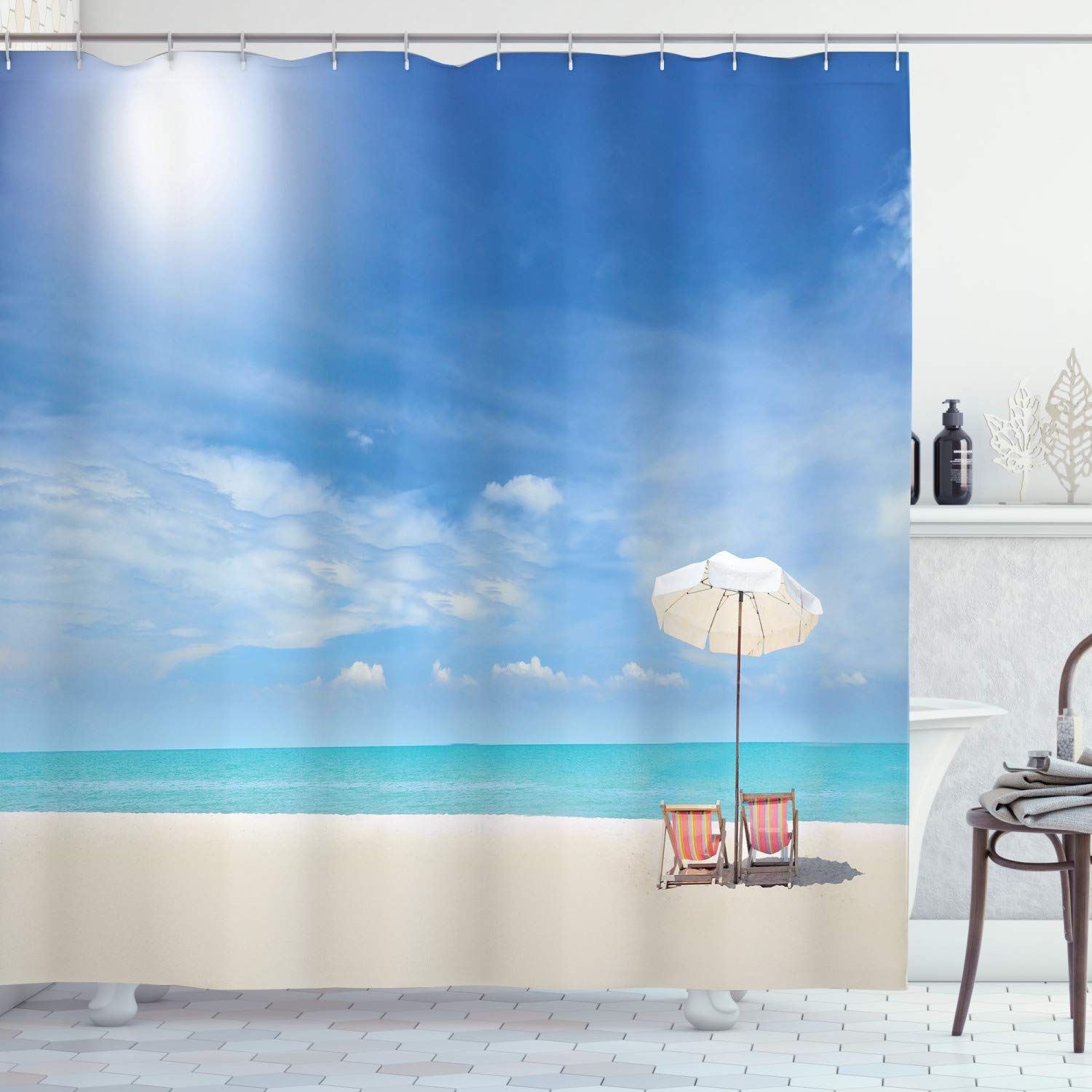 Ambesonne Hawaiian Beach Shower Curtain - Tropical Island Seascape with Chairs & Umbrella, 69x70 Inch Blue Beige Fabric Bathroom Decor - Perfect for Coastal, Beach House & Tropical Themed Bathrooms