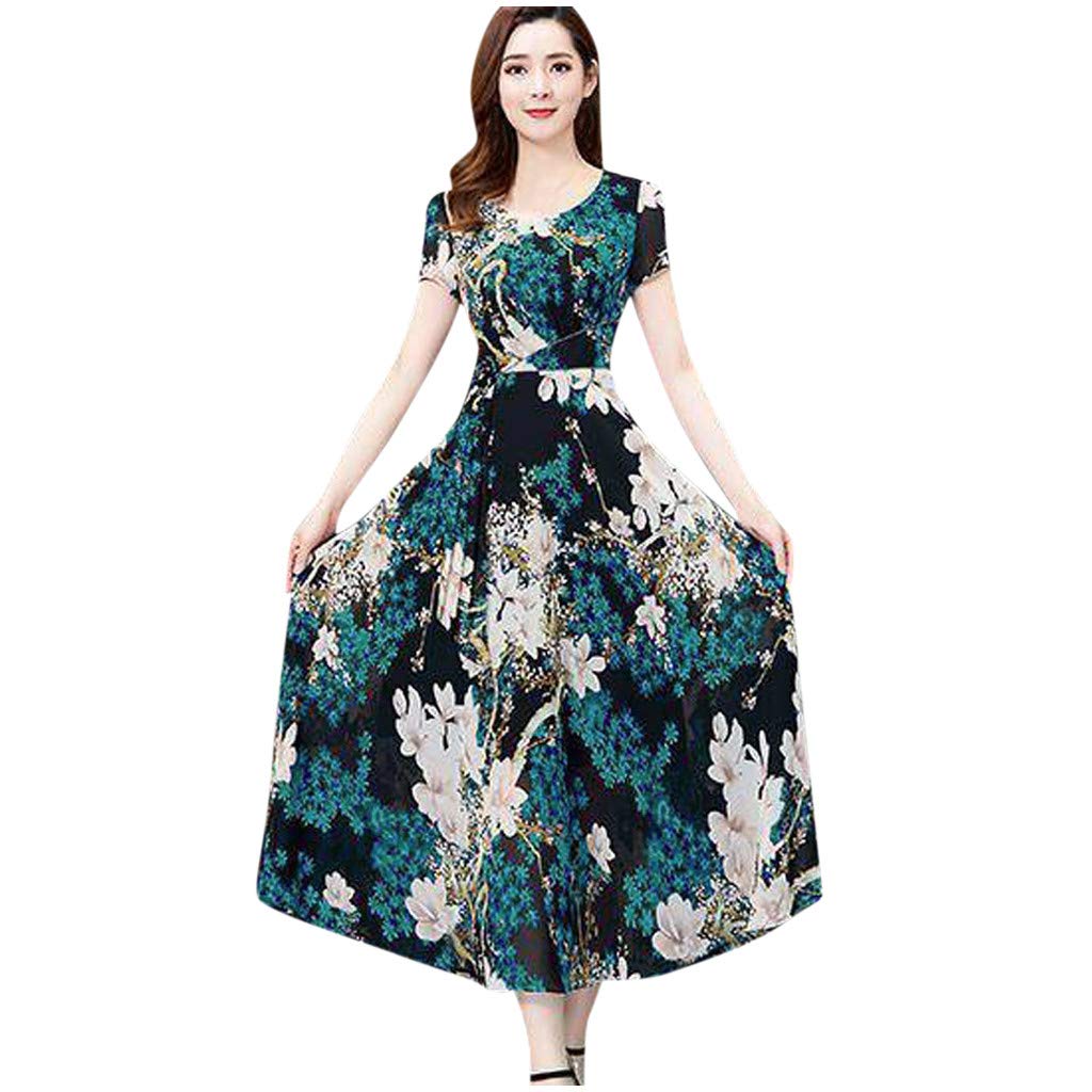 MOMKER Women's Smocked Short Sleeve A-Line Dress - Floral Printed Casual Summer Dress with O-Neck for Daily Wear, Office, and Outdoor Activities