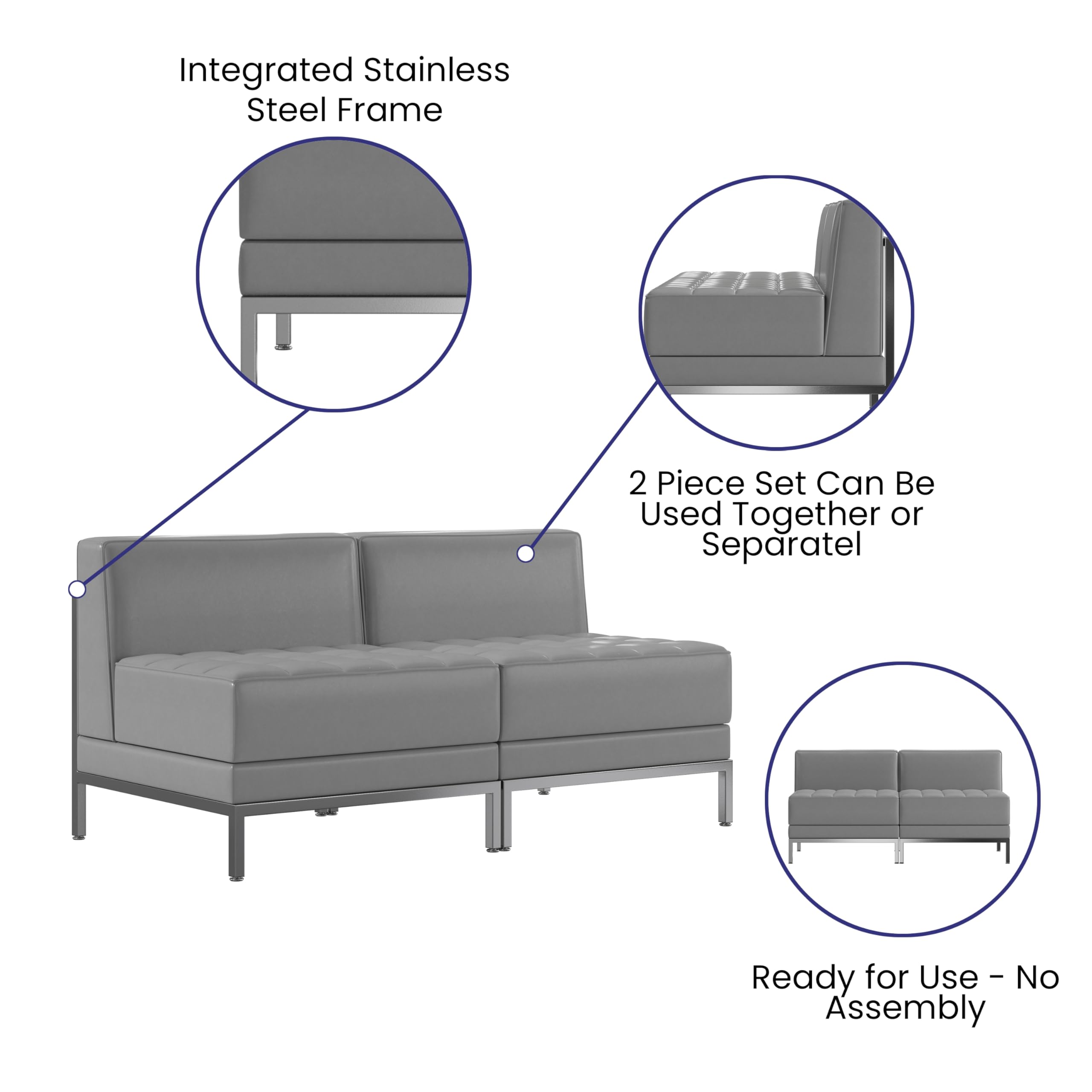Flash Furniture HERCULES Series 2-Piece Gray LeatherSoft Waiting Room Lounge Set with Reception Bench - Comfortable Seating for Office Lobby, Hotel Reception & Clinic Waiting Areas