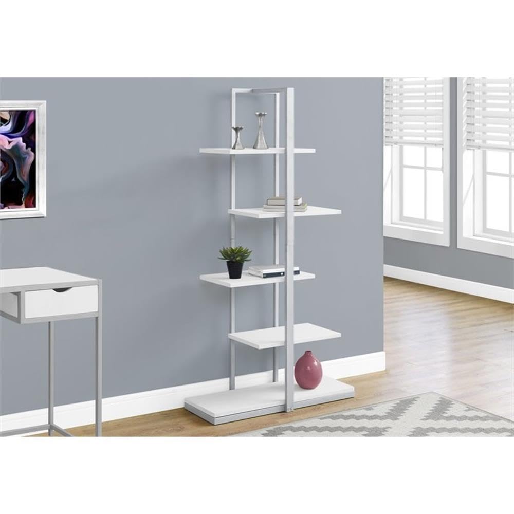 Pemberly Row 5-Shelf Metal Bookcase - White & Silver Storage Shelf for Home Office, Living Room, Bedroom & Library Organization