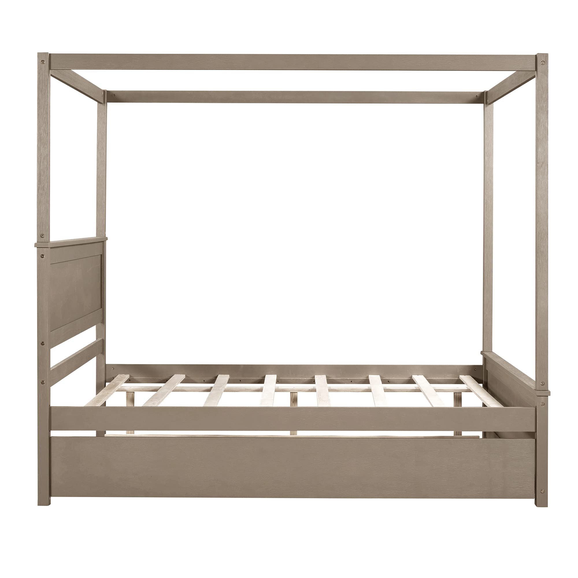 Harper & Bright Designs Full Size Canopy Platform Bed with Trundle - Solid Wood Bed Frame with 2 Nightstands, Noise Free No Box Spring Needed, Light Brown - Perfect for Small Bedrooms, Guest Rooms & Space-Saving Storage Solutions