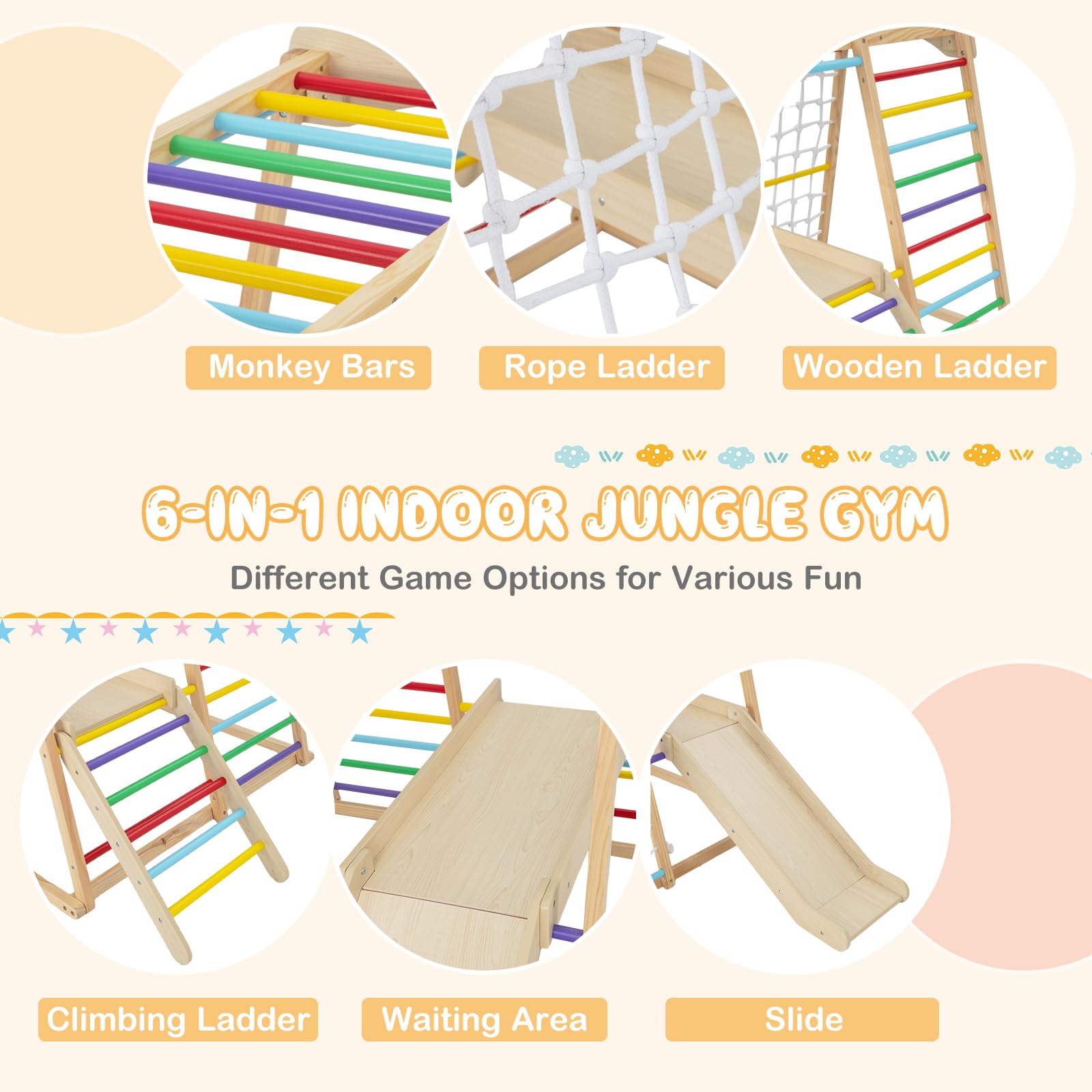 Costzon 6-in-1 Indoor Jungle Gym for Toddlers - Montessori Climbing Toys with Slide, Climbing Net & Monkey Bars - Wooden Playground Climber Playset for Kids - Perfect Gift for Birthday & Christmas - Ideal for Home Playroom, Daycare & Preschool Activities