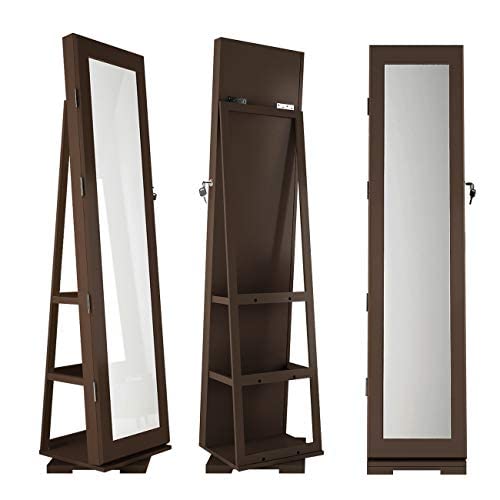 SogesPower 360° Rotatable Lockable Jewelry Cabinet with Dressing Mirror - Jewelry Armoire Organizer with Storage Shelf for Necklaces, Rings & Accessories - Perfect for Bedroom, Living Room & Entryway, Brown