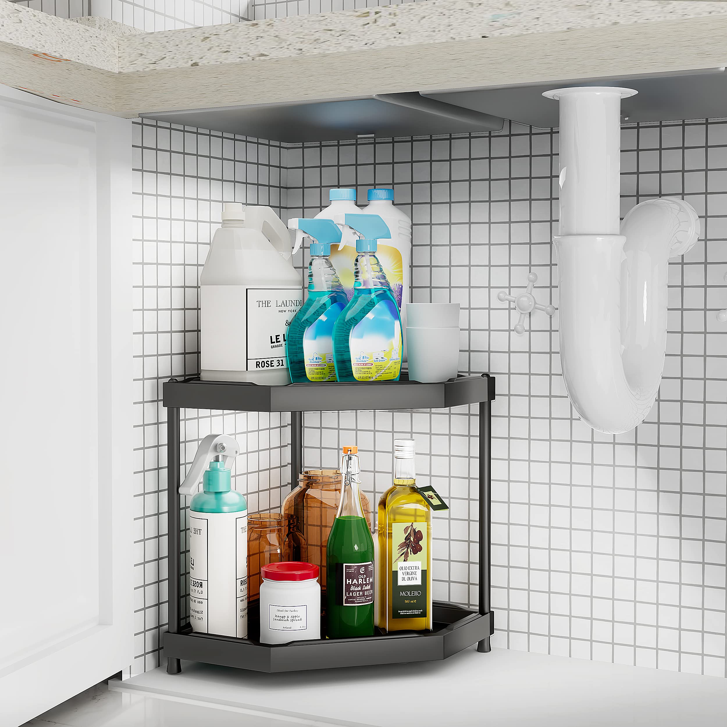 2-Tier Corner Shelf Organizer - Space Saving Kitchen & Bathroom Storage Shelf for Spices, Makeup, Under Sink - Black Countertop Cabinet (Perfect for Small Spaces, Apartments & RVs)