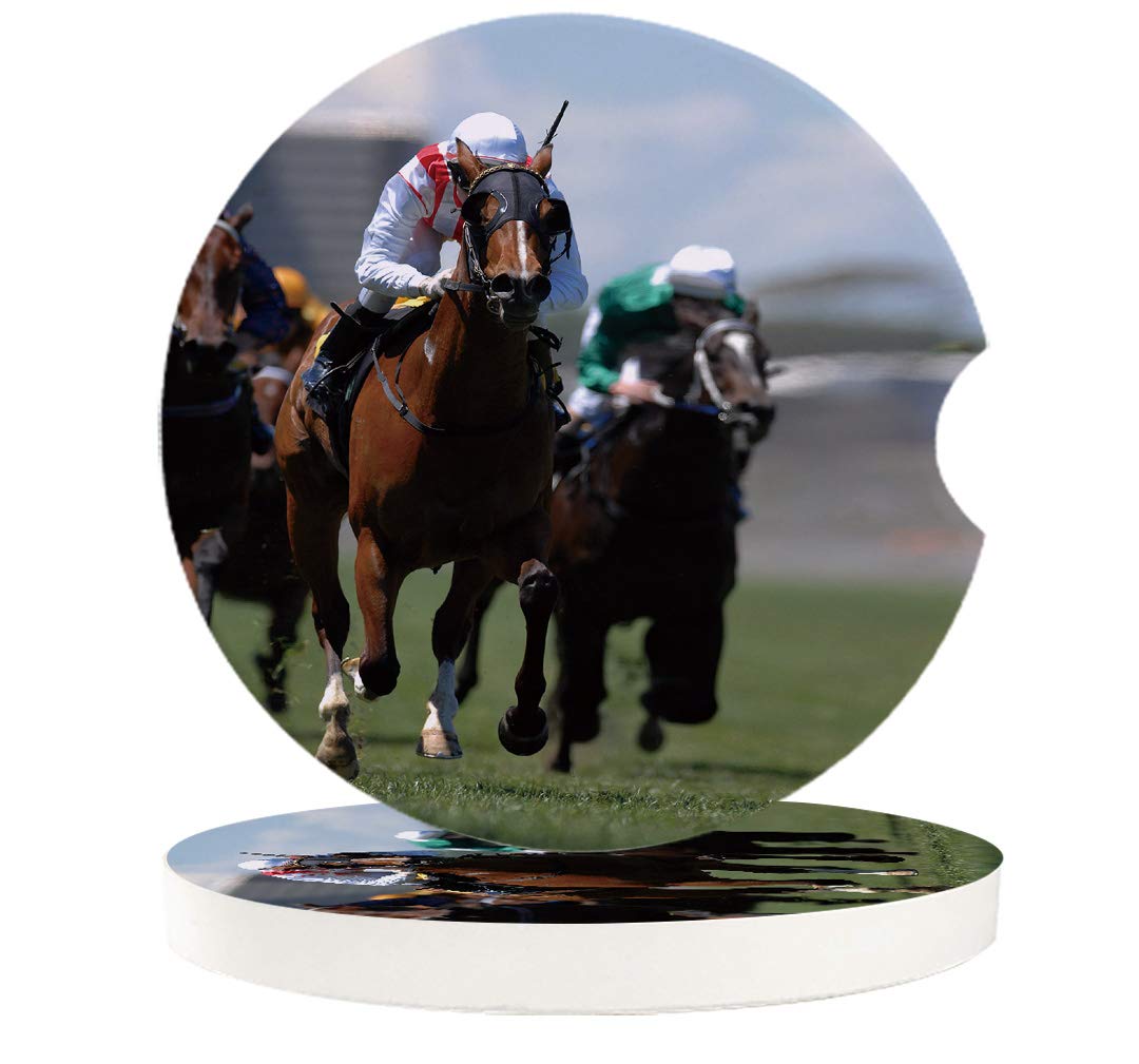 Premium Absorbent Car Coasters - 2 Pack Non-Slip Cup Holders with Finger Notch for Easy Removal | Race-Themed Jockey Design | Perfect for Coffee, Drinks & Car Accessories | Ideal for Commuting, Road Trips & Daily Use
