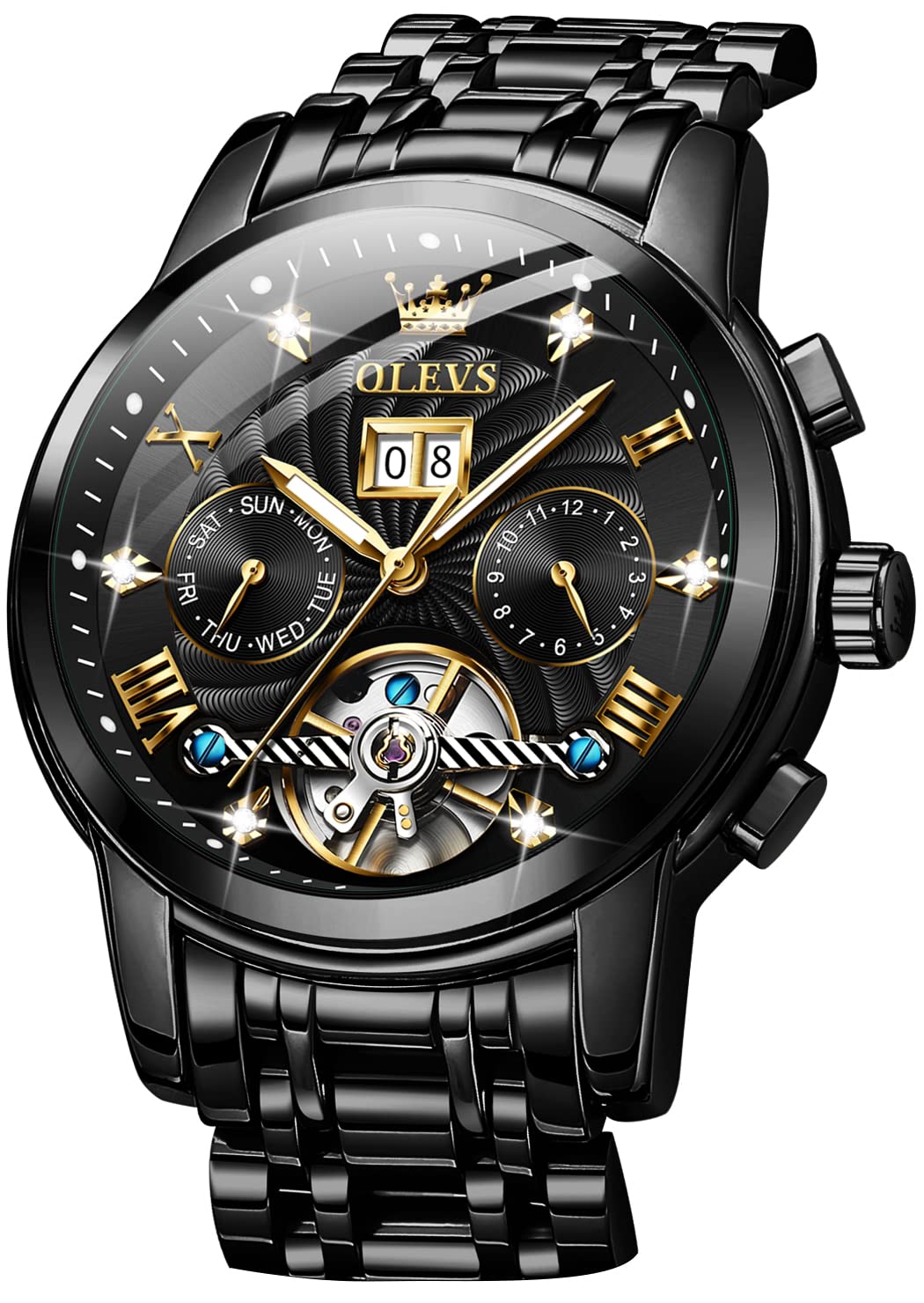 OLEVS Men's Automatic Skeleton Tourbillon Watch with Diamond, Self-Winding Mechanical Movement, Calendar, Luminous & Waterproof - Luxury Dress Watch for Business, Formal & Special Occasions