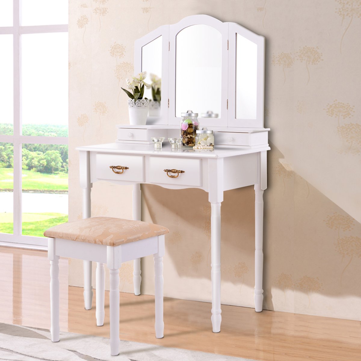GOFLAME White Vanity Table Set with Tri-Folding Mirror, 4 Drawers & Spacious Tabletop - Detachable Makeup Dressing Table with Cushioned Stool | Perfect Makeup Organizer for Bedroom, Dressing Room & Beauty Salon | Ideal for Daily Makeup, Skincare & Hair Styling