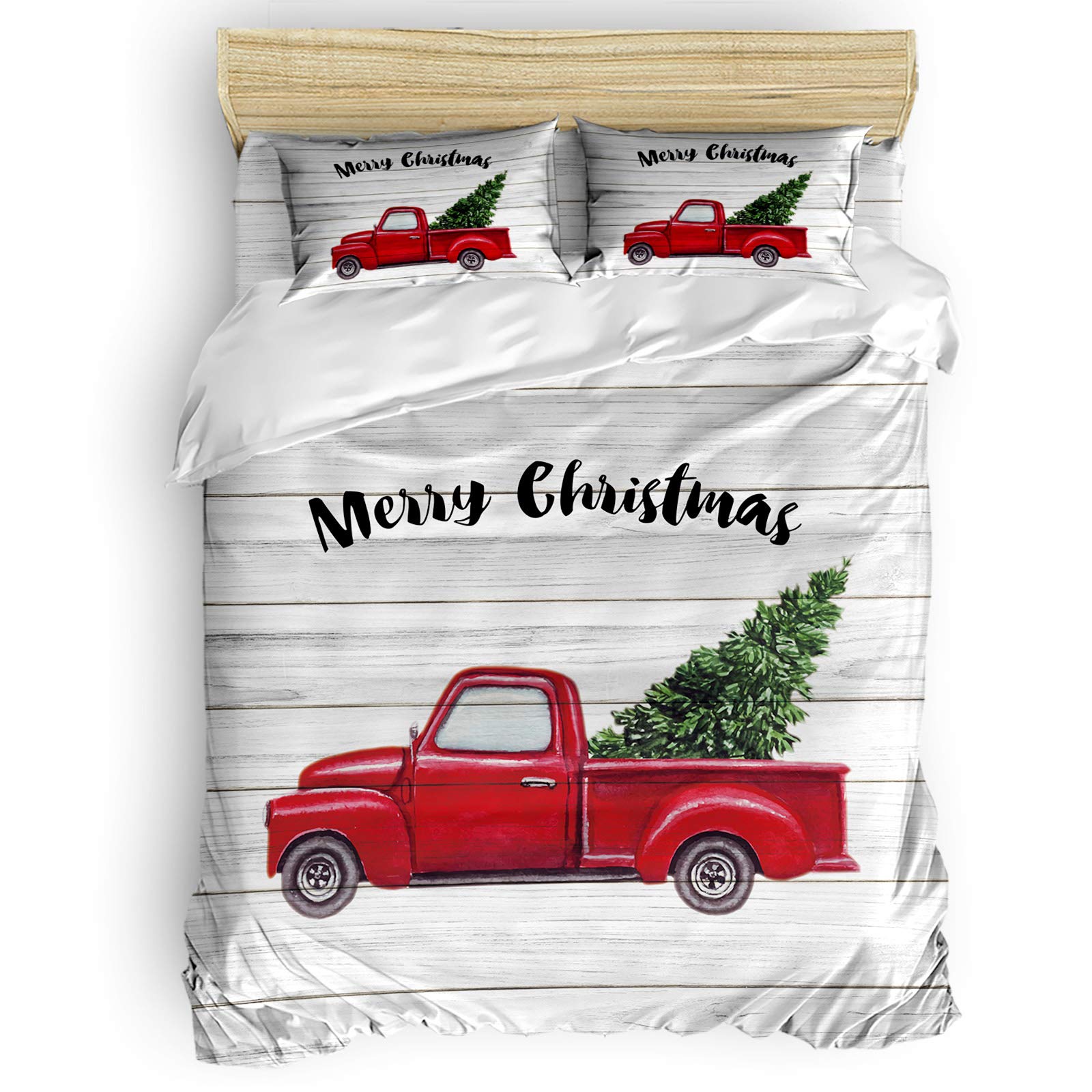 Luxury 4-Piece Full Size Bedding Set - Red Oil Painting Truck with Tree Duvet Cover, Comforter, Quilt & Pillow Shams - Soft Cotton Bed Sheet for Kids Teens Adults - Christmas Gift Home Decor for Bedroom, Dorm, Guest Room