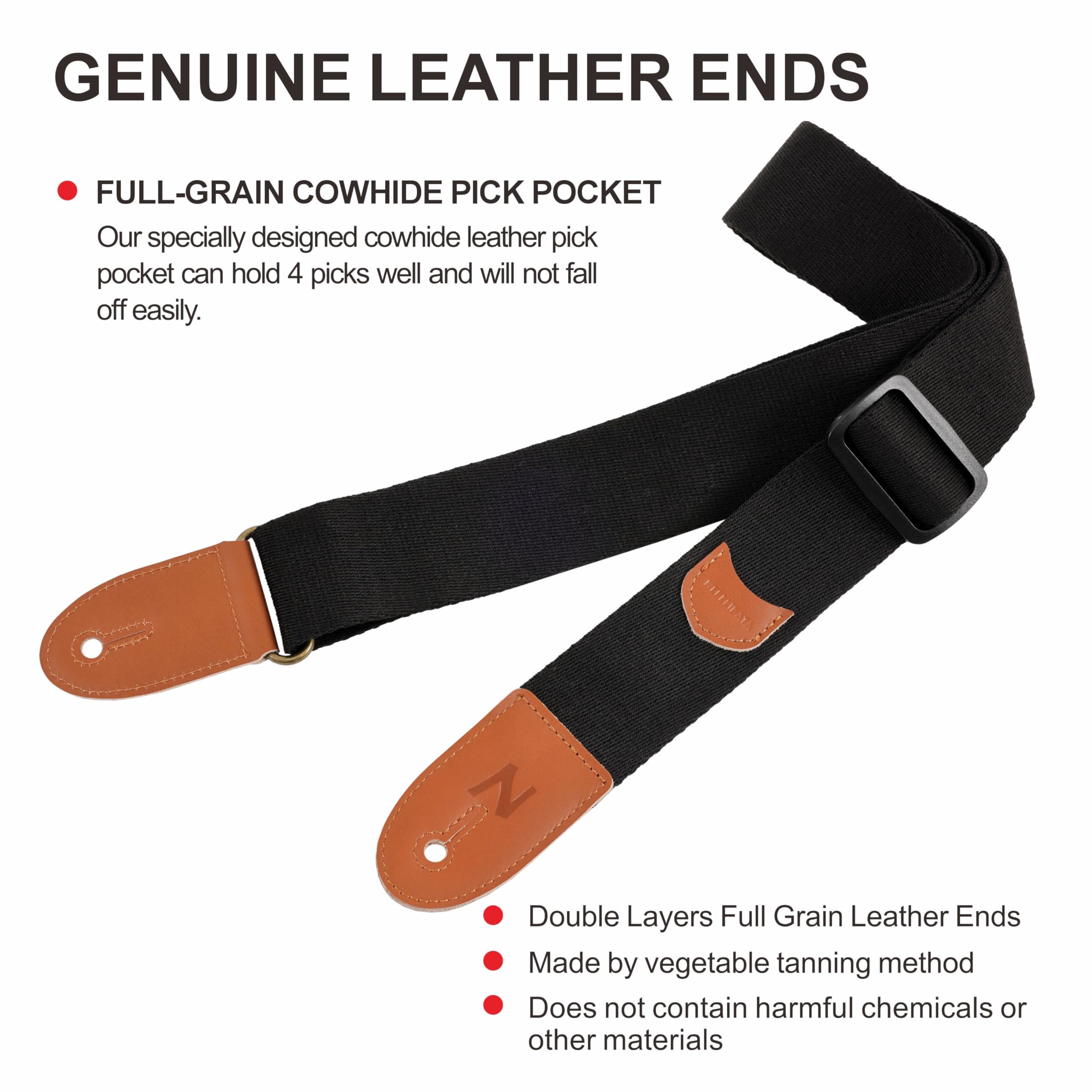 Premium Nefelibata Guitar Strap - 100% Cotton with Full Grain Leather Ends for Bass, Electric & Acoustic Guitars - Includes Pick Pocket, Free Strap Button, 1 Pair Strap Locks & 4 Guitar Picks (Black) - Perfect for Live Performances, Studio Recording & Practice Sessions