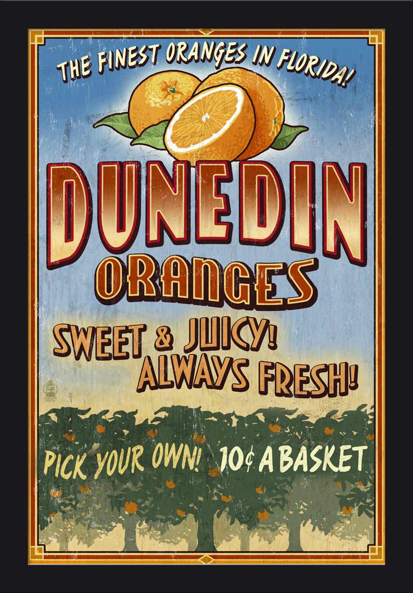 Vintage Orange Grove Sign - Dunedin Florida 16x24 Giclee Fine Art Print with Recycled Wood Black Frame - Perfect for Farmhouse Decor, Rustic Wall Art & Florida Themed Home Office