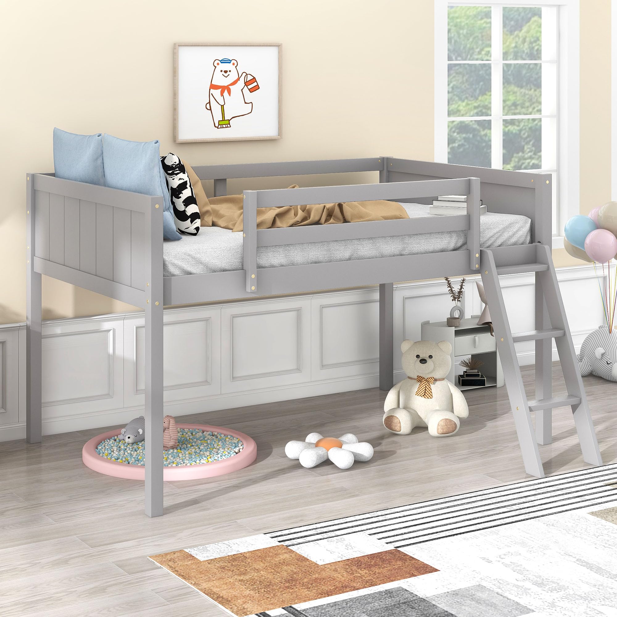 Harper & Bright Designs Twin Low Loft Bed for Kids - Sturdy Wood Frame with Ladder & Safety Guardrails - Perfect for Small Rooms, Dorms, or Shared Spaces - Gray (Twin Size, Ideal for Girls, Boys & Teens)