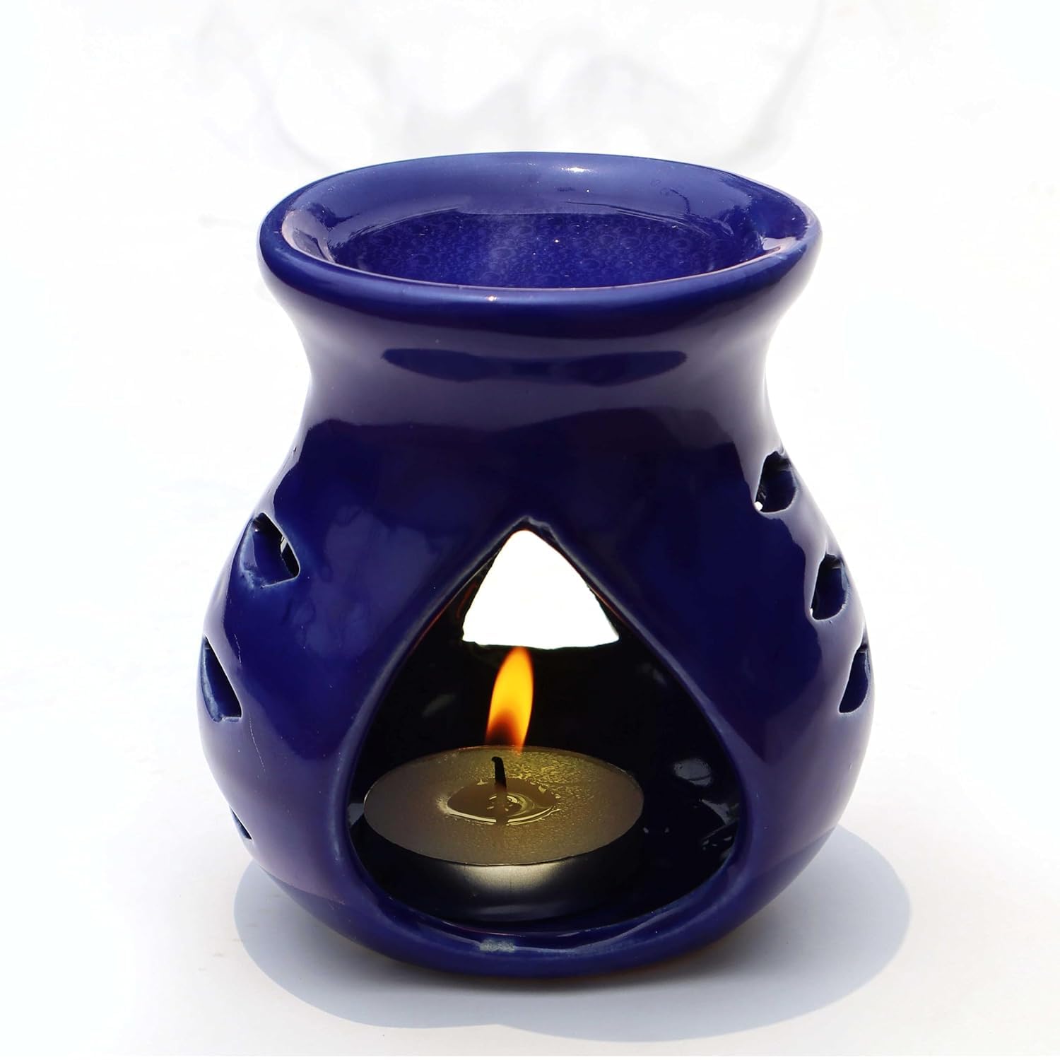 Pure Source India Ceramic Clay Candle Operated Aroma Oil Diffuser with 1 Tea Light Candle (Blue, 9cm) - Perfect for Home Aromatherapy, Yoga Meditation & Relaxation Spaces