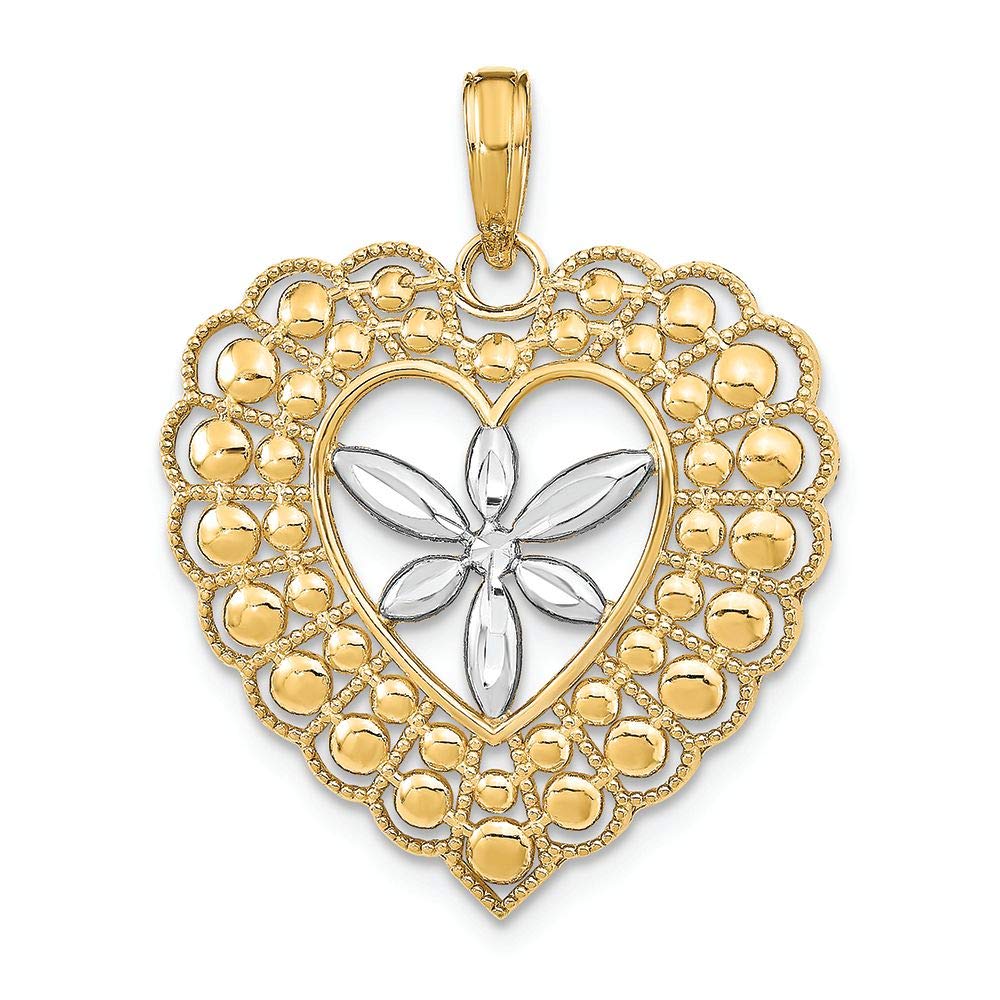 14K Two-Tone Gold Beaded Heart Flower Charm Pendant Necklace - Elegant Jewelry Gift for Women, Perfect for Valentine's Day, Anniversary & Special Occasions