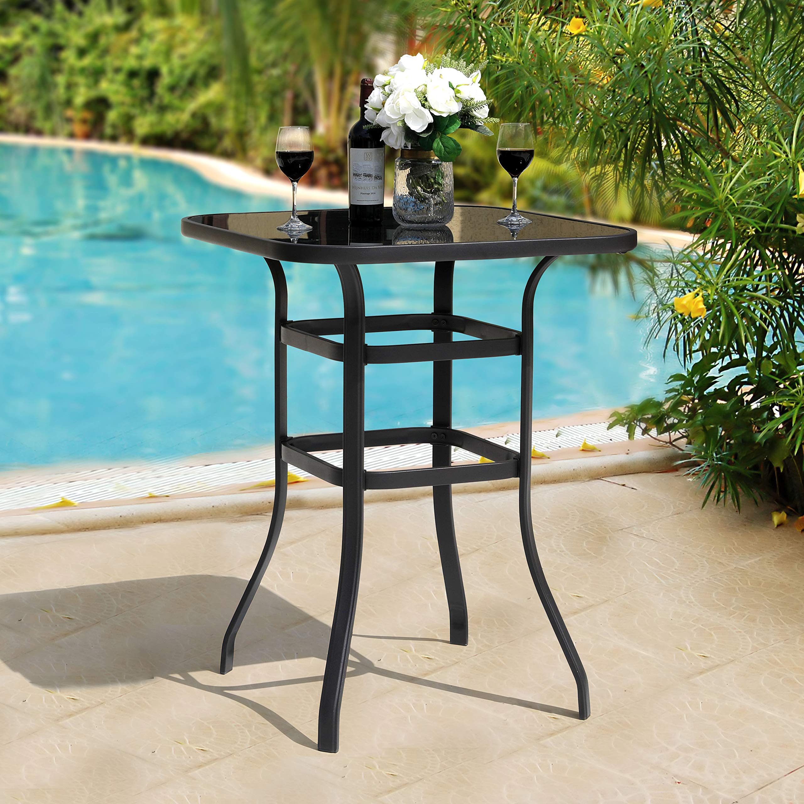 Avestar 32 Inch Outdoor Bar Table - Patio Bistro Table with Tempered Glass Top & Powder-Coated Iron Frame, Black - Perfect for Garden, Backyard, Poolside & Restaurant Outdoor Seating