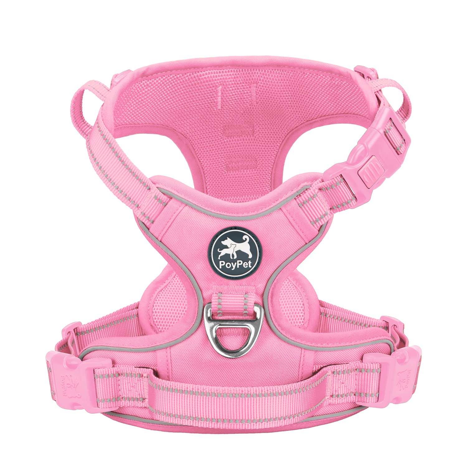 PoyPet No Pull Dog Harness - Reflective Adjustable Pet Vest with Padded Handle for Small Medium Large Dogs | Light Pink Matching Trim | Size L | Perfect for Walking, Training & Nighttime Safety