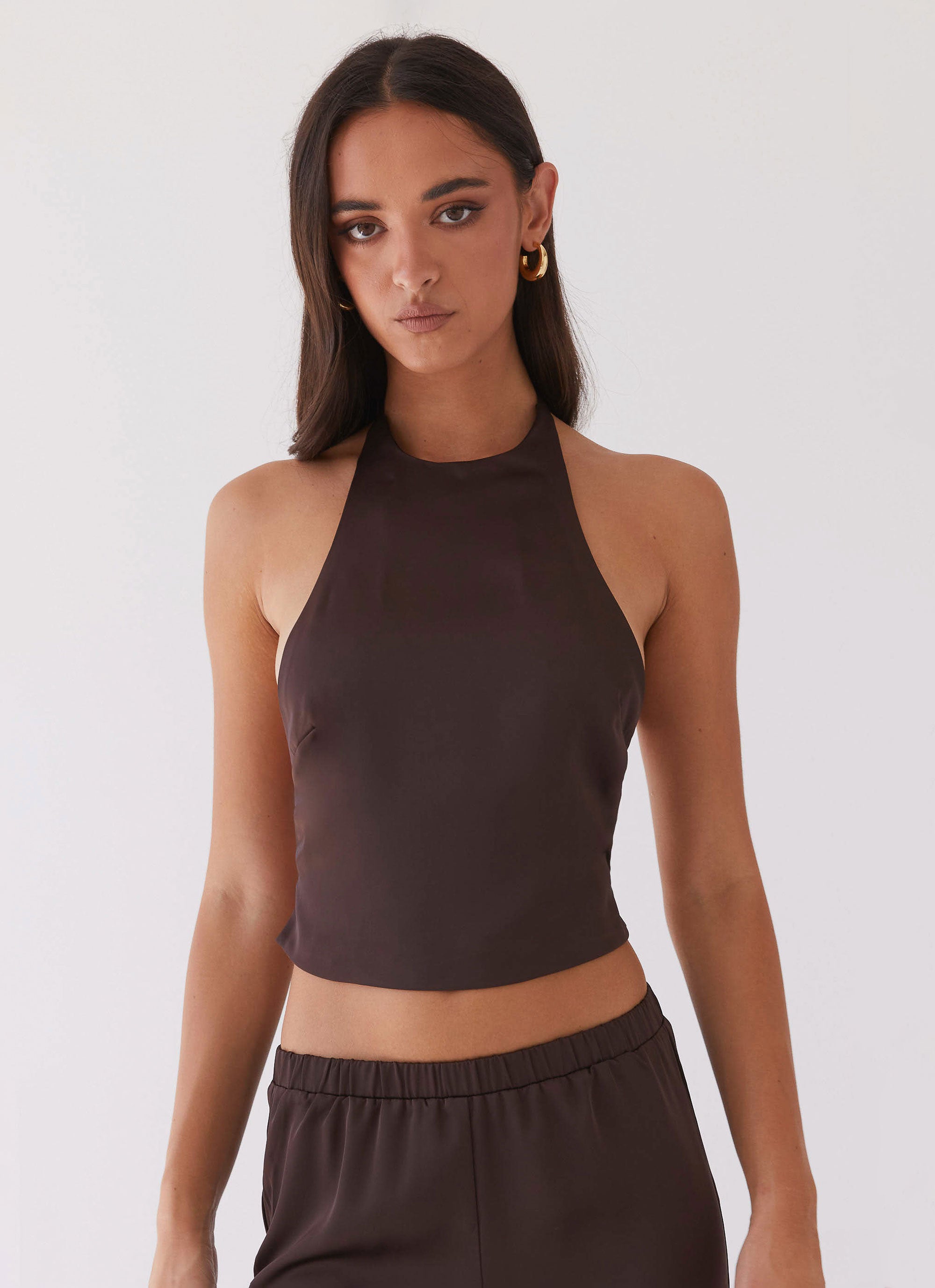 Bree Satin Halterneck Top for Women - Elegant Brown Sleeveless Blouse for Summer, Beach, and Evening Wear