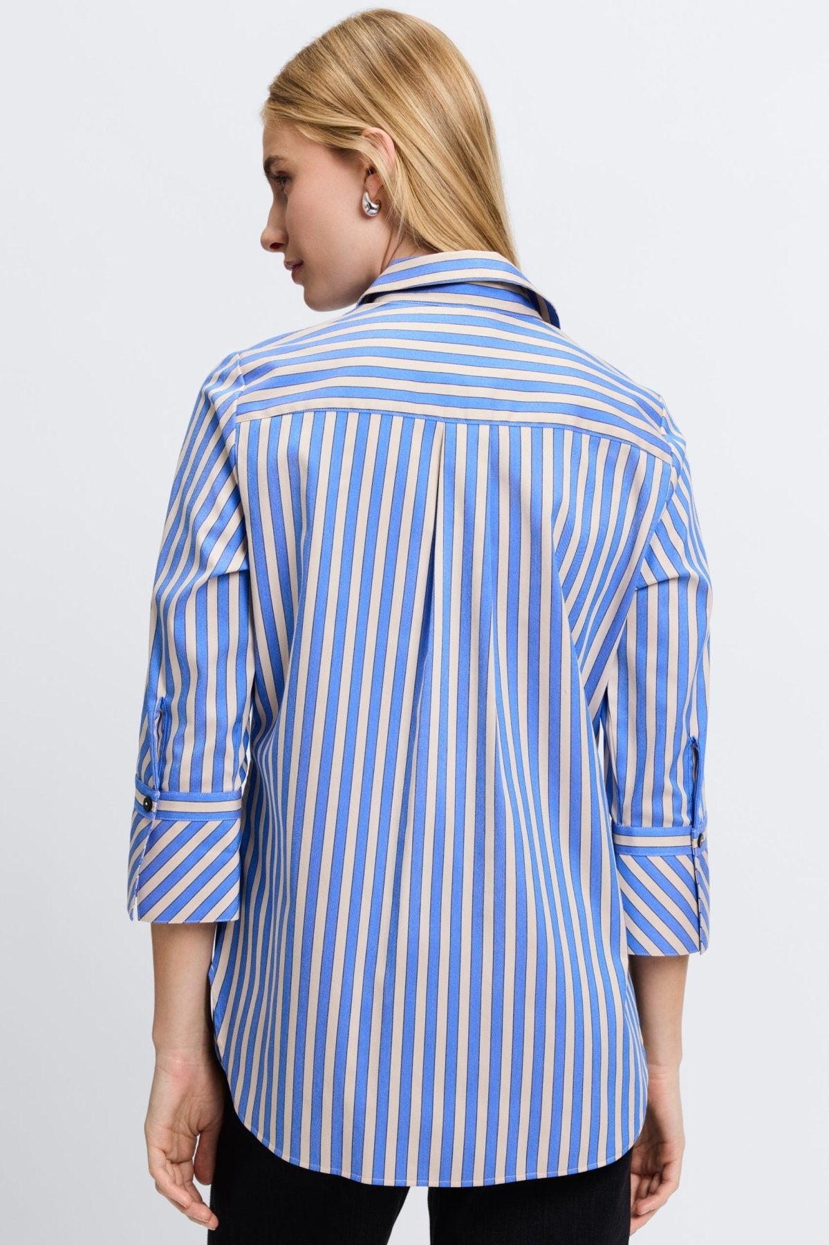 Madison No Iron Stretch Stripe 3/4 Sleeve Tunic Shirt for Women - Wrinkle-Free Comfort Fit Blouse for Office, Travel & Casual Wear