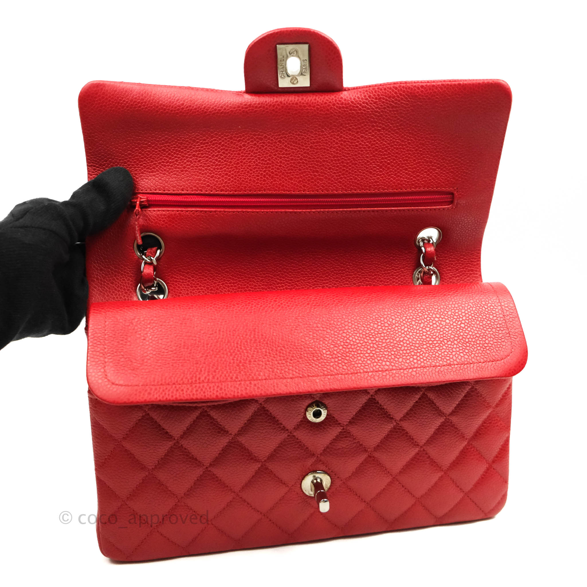 Chanel Classic Medium Double Flap Bag in Red Caviar Leather with Silver Hardware - Perfect for Work, Evening Events & Luxury Gift Giving