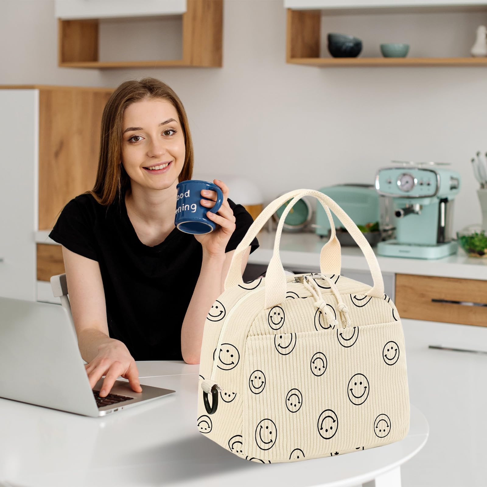 Insulated Reusable Lunch Bag for Women & Men - Large Corduroy Lunch Box with Shoulder Strap, Cute Smiley Tote Bag for Work, Office, School, Picnic & Outdoor Activities | Eco-Friendly Cooler Lunch Case