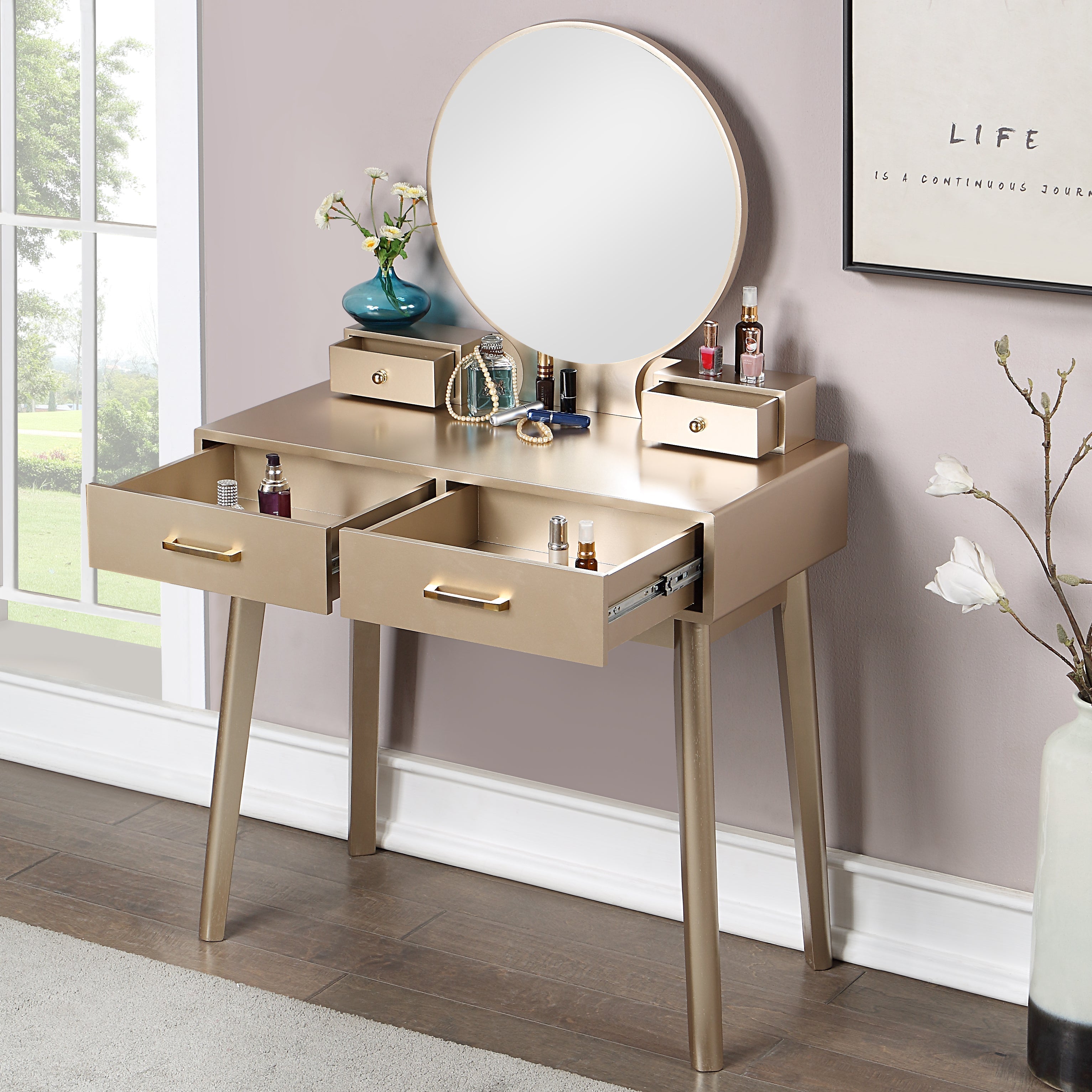Roundhill Furniture Liannon Contemporary Wood Vanity Set with Stool - Gold Finish Modern Dresser for Bedroom & Bathroom | Perfect for Makeup, Jewelry Storage & Home Decor
