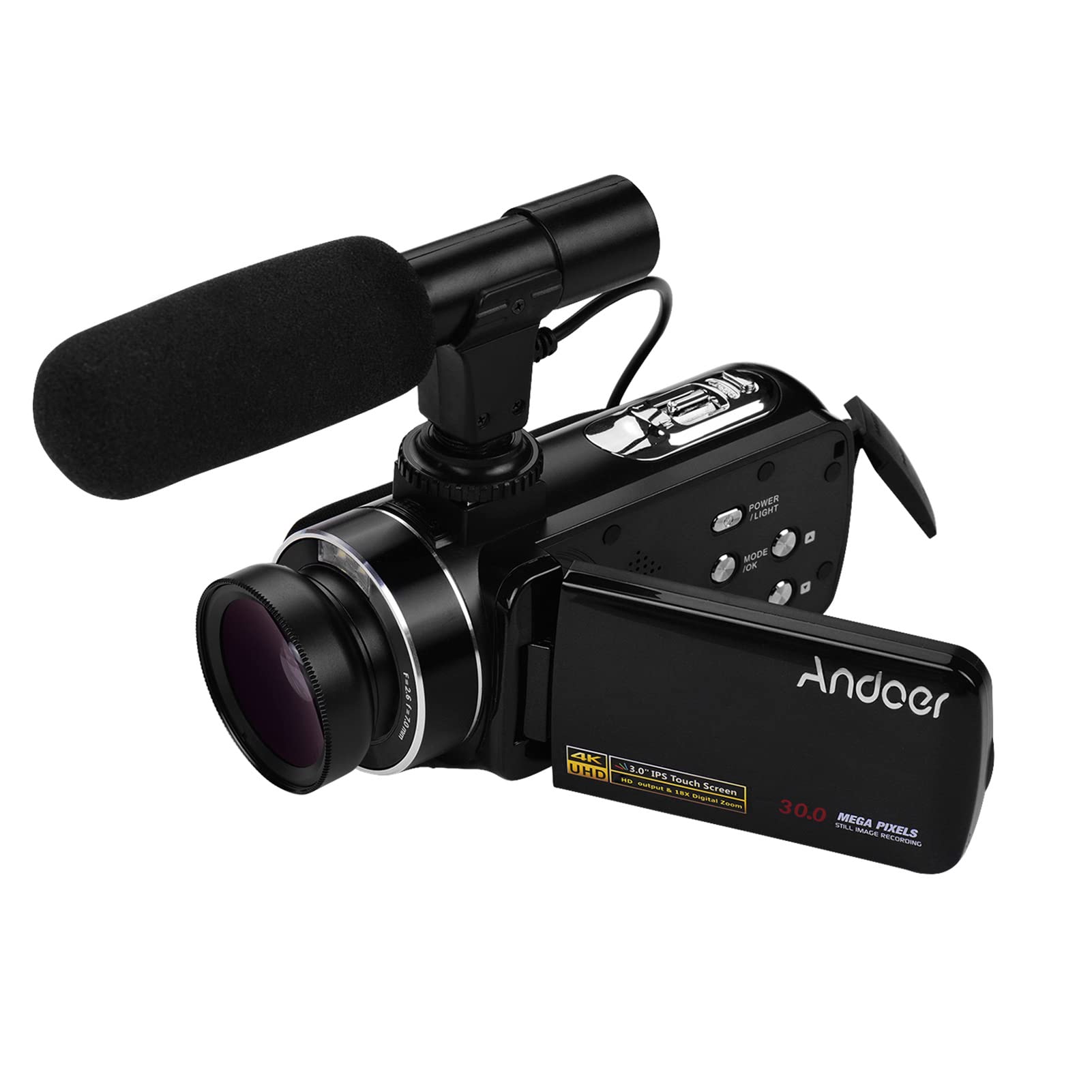 4K Digital Video Camera with 0.45X Wide Angle Lens & Macro - Professional Handheld Camcorder with CMOS Sensor, Stereo Microphone & 3