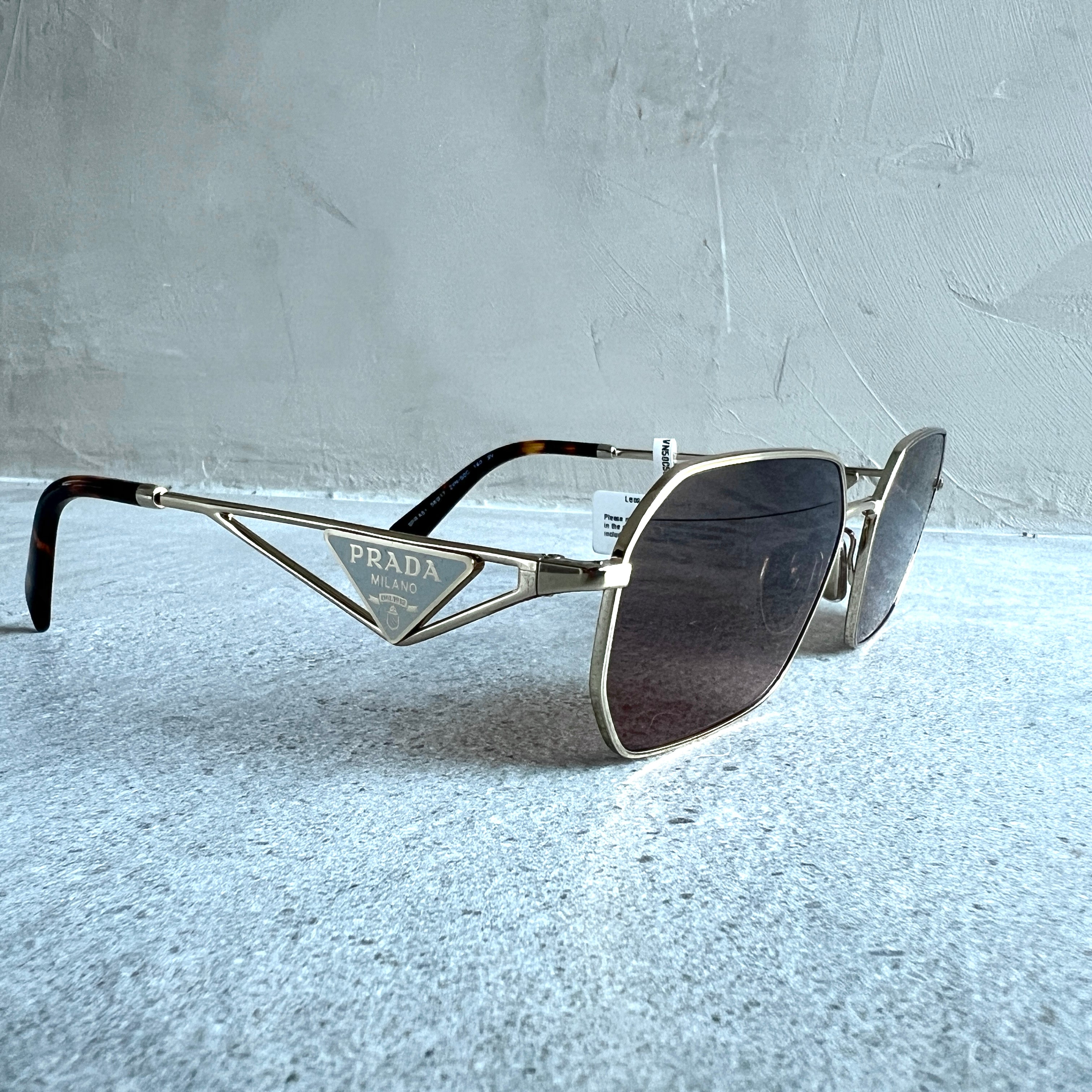 PRADA PRA51 Triangle Rectangle Sunglasses - Gold Frame UV Protection - Luxury Designer Shades for Women & Men - Perfect for Beach, Driving & Fashion Outfits