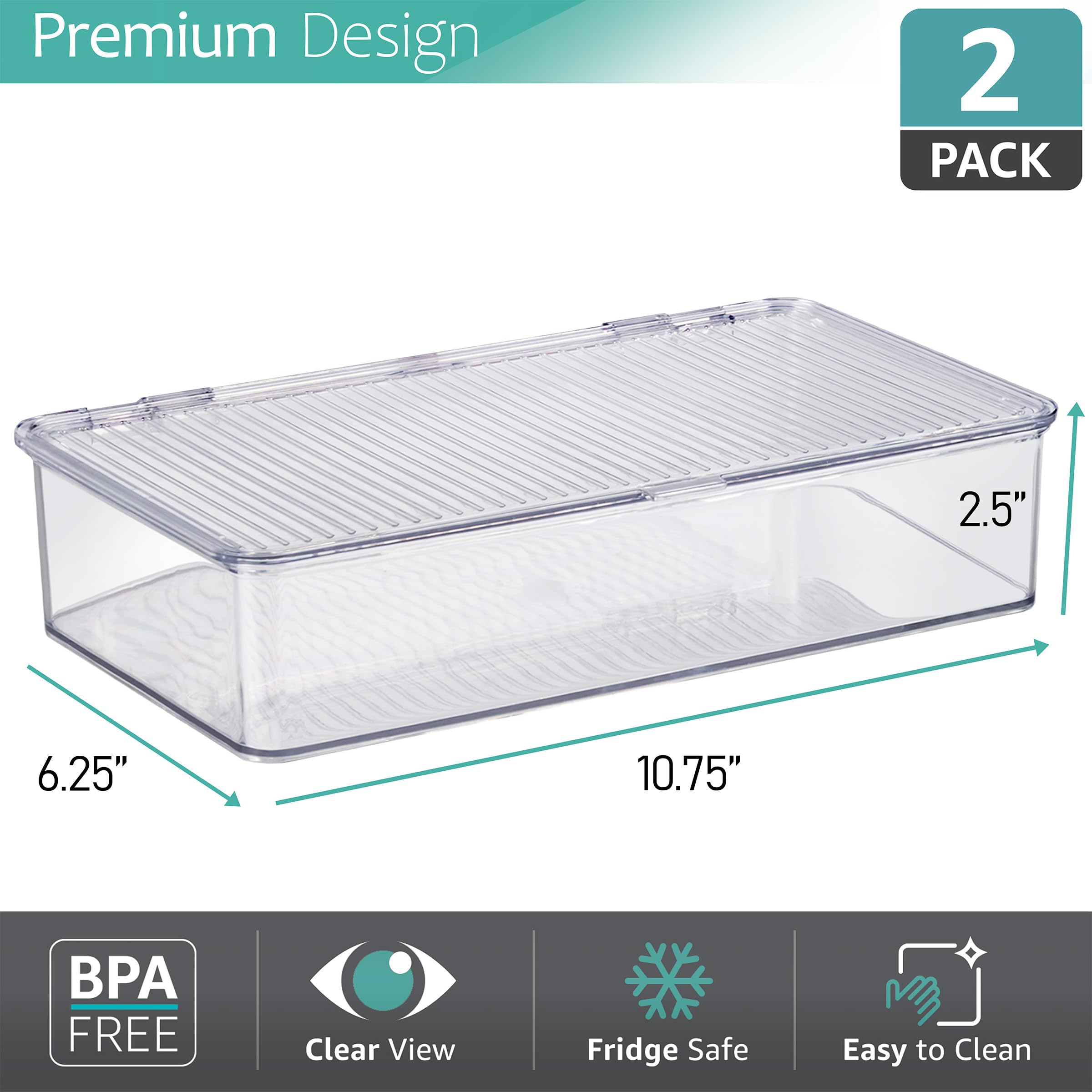 Sorbus Clear Plastic Fridge Organizer & Pantry Storage Bins with Lids - Stackable Freezer & Cabinet Organizers for Food, Snacks, Cosmetics & Office Supplies - 2 Pack - Perfect for Kitchen, Bathroom & Office Organization