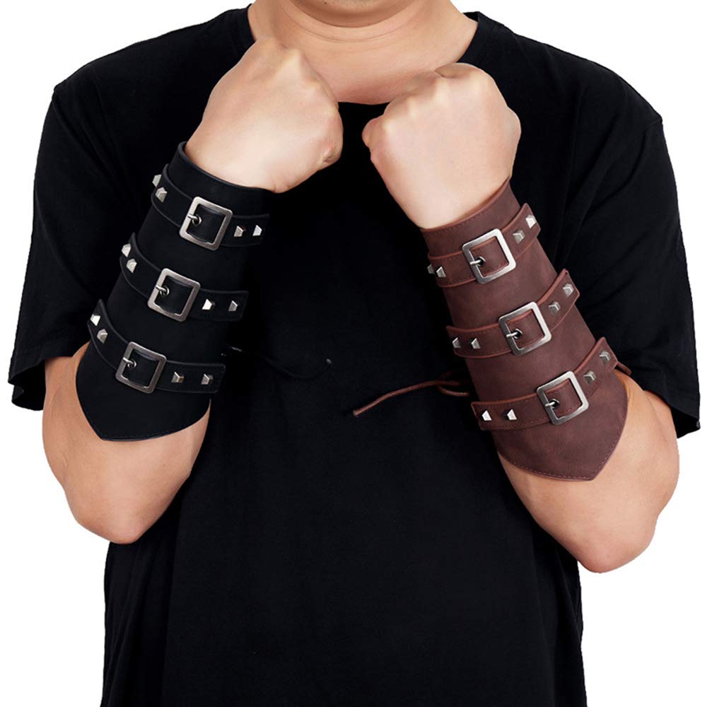 AZORA Leather Gauntlet Wristband - Medieval Bracers Armor Set of 2 - Adjustable Buckle Wrist Cuffs for LARP, Cosplay, Renaissance Fairs & Viking Reenactments