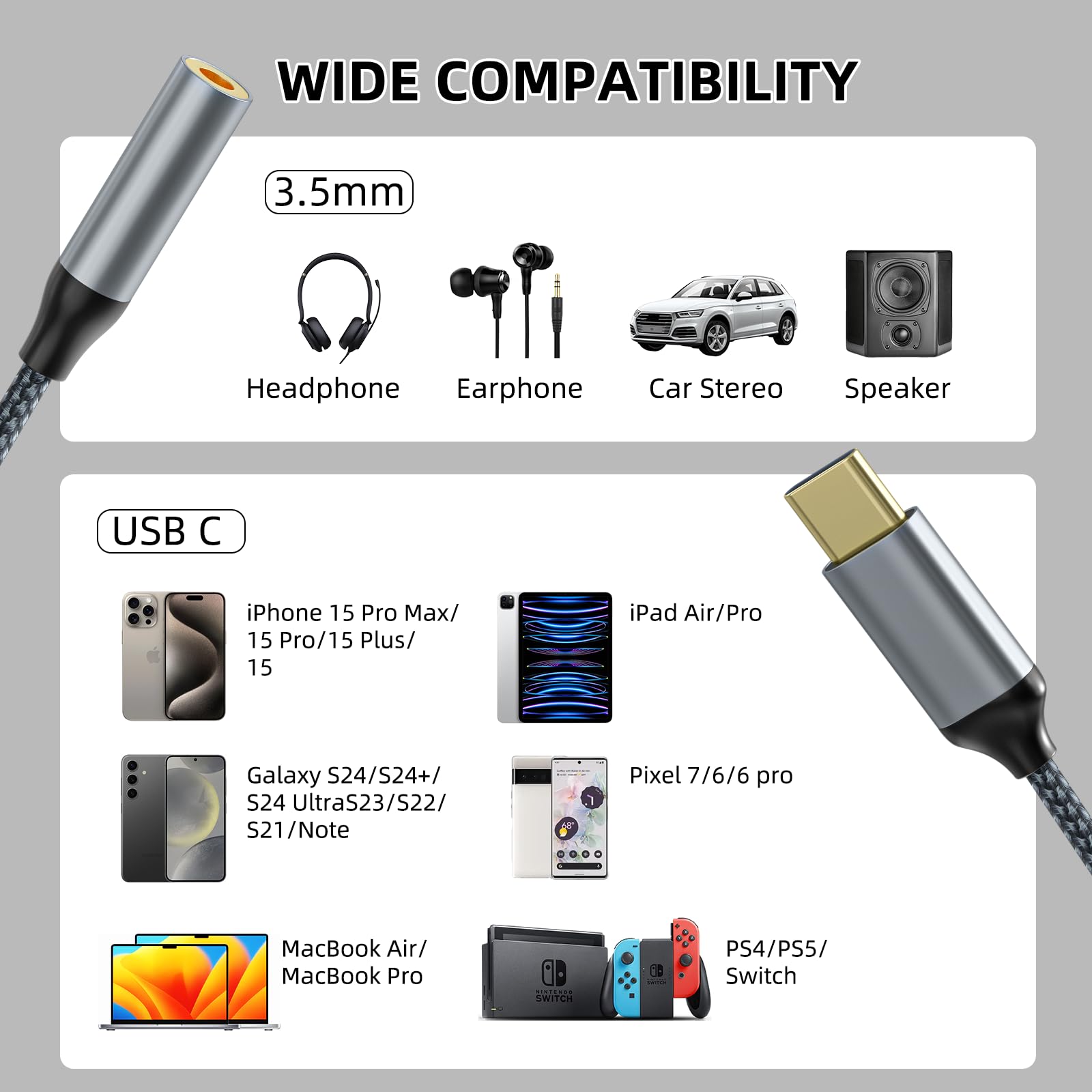 USB C to 3.5mm Headphone Jack Adapter (2 Pack) - Compatible with iPhone 16 Pro Max/16 Pro/15 Pro Max/15 Pro/15 Plus, Samsung Galaxy S23/S22/S21 Ultra, Google Pixel, iPad Pro & MacBook - High Quality Audio Dongle Cable for Music, Gaming & Calls (Black)